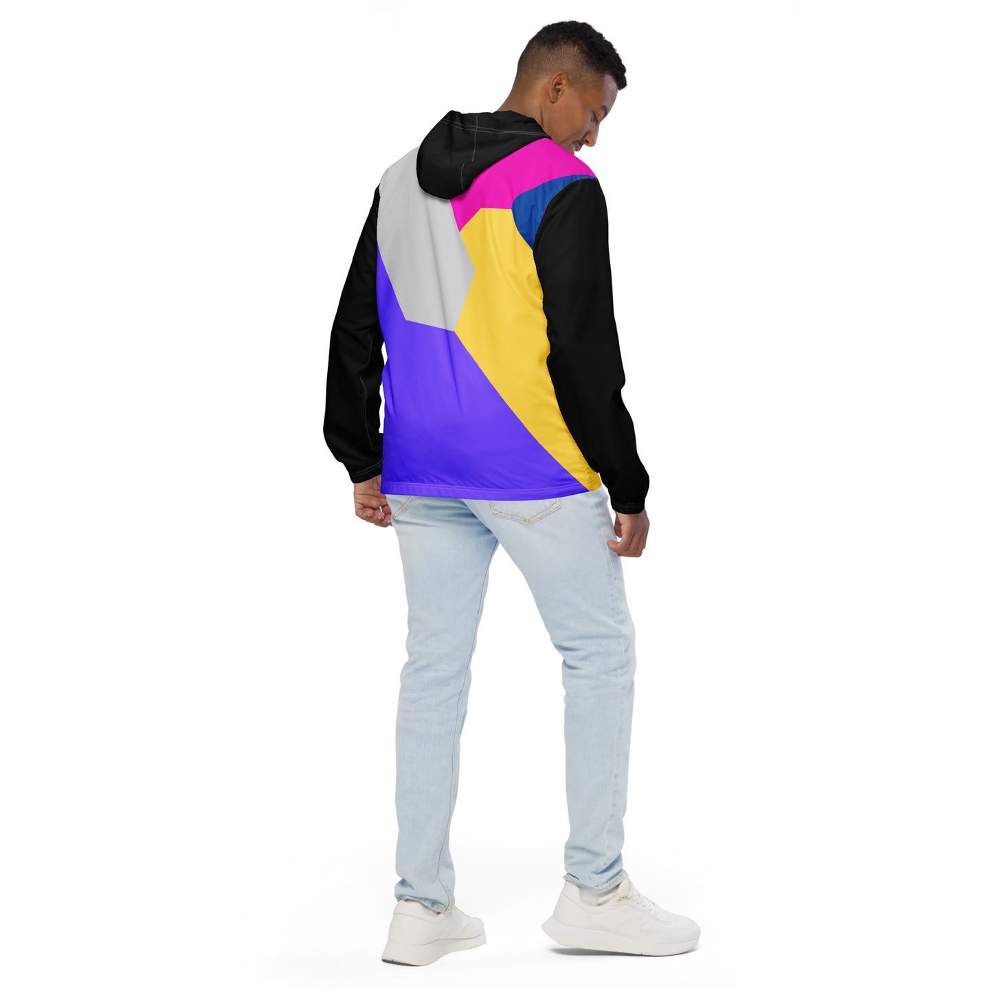Hipyfi men's lightweight geometric windbreaker jacket with hood – abstract streetwear style in vibrant colors back-4