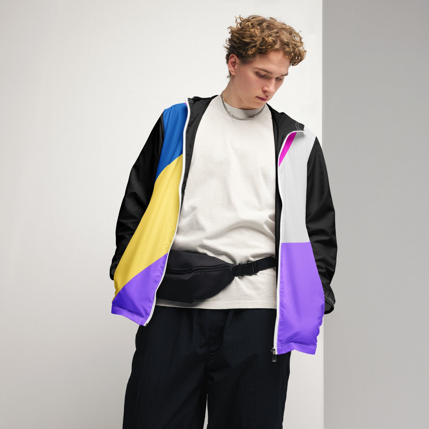 Hipyfi men's lightweight geometric windbreaker jacket with hood – abstract streetwear style in vibrant colors front-2