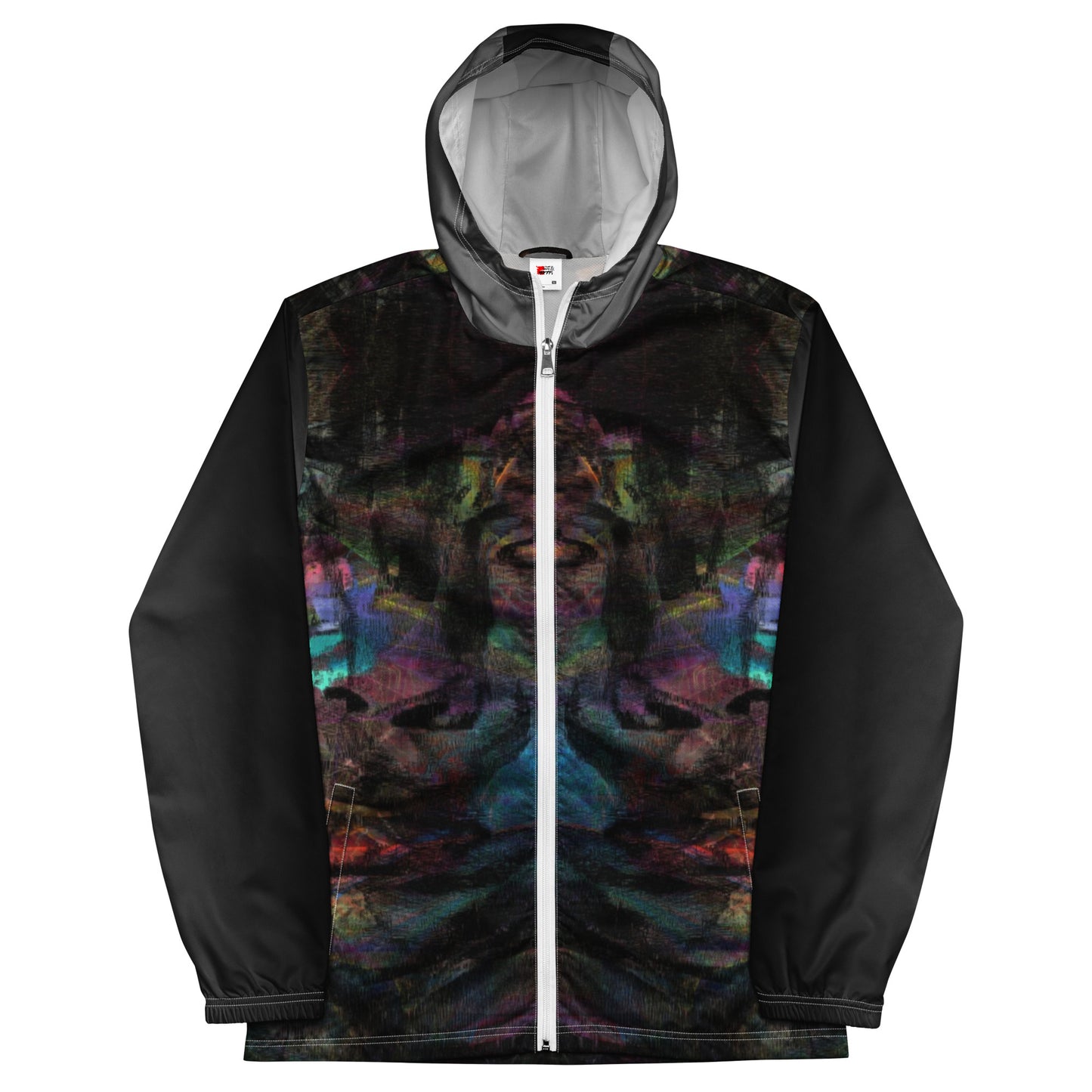 Hipyfi Chromatic Dreams Men’s Windbreaker: Bold abstract art jacket. Water-resistant, breathable streetwear for urban style. white-front-5