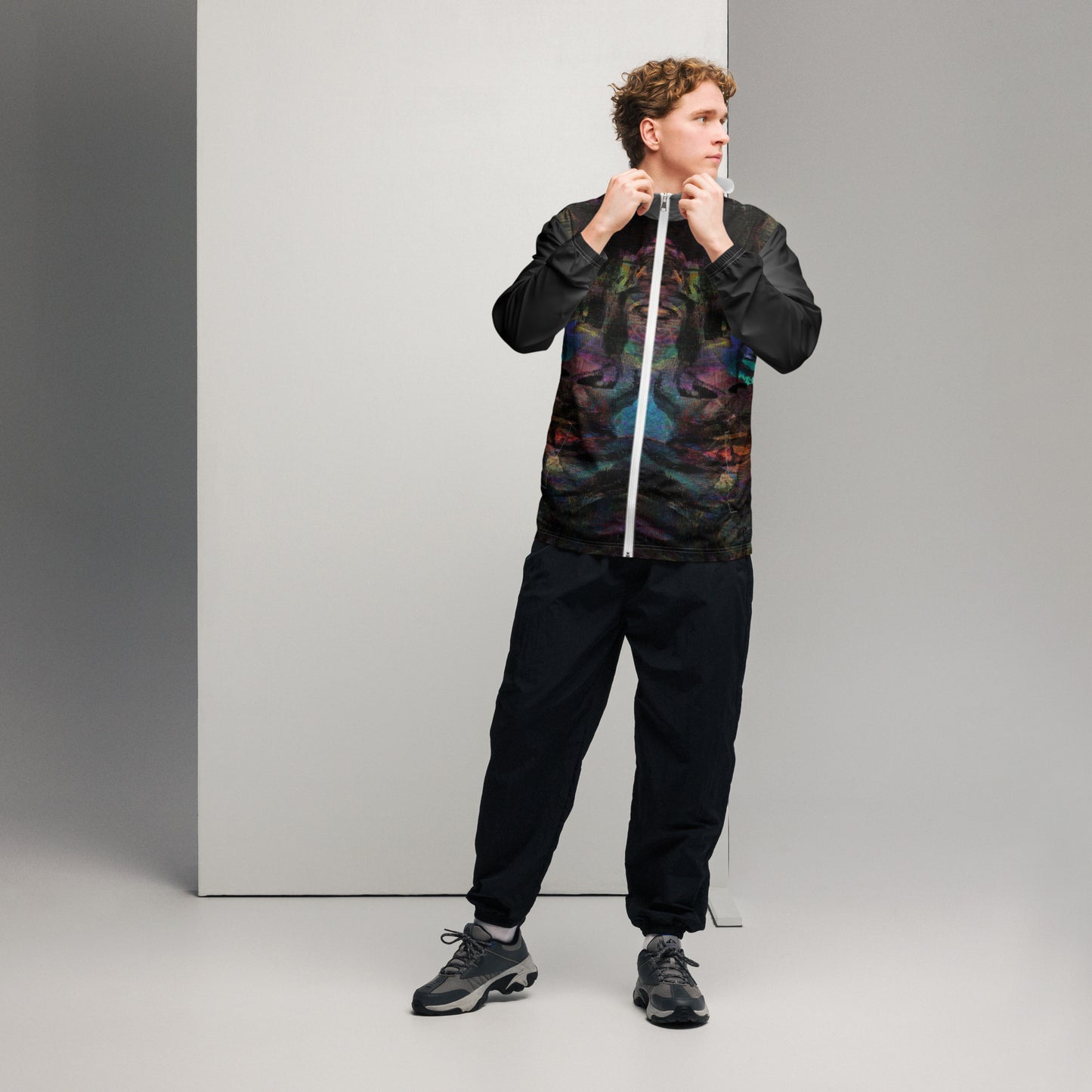Hipyfi Chromatic Dreams Men’s Windbreaker: Bold abstract art jacket. Water-resistant, breathable streetwear for urban style. white-front
