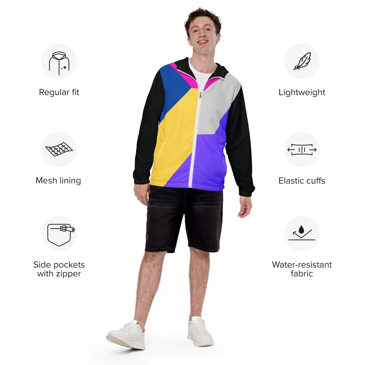 Hipyfi men's lightweight geometric windbreaker jacket with hood – abstract streetwear style in vibrant colors product-info