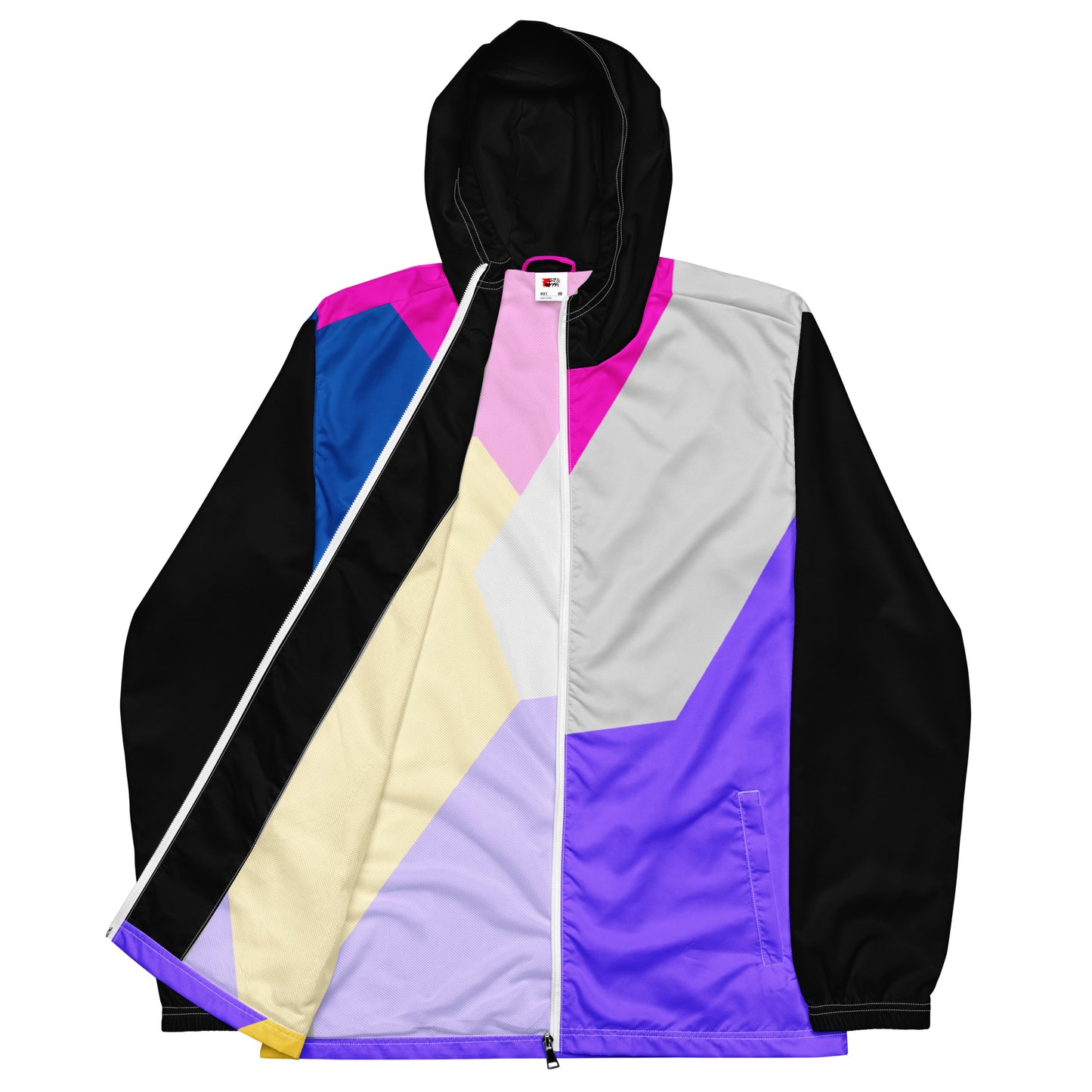 Hipyfi men's lightweight geometric windbreaker jacket with hood – abstract streetwear style in vibrant colors front-6