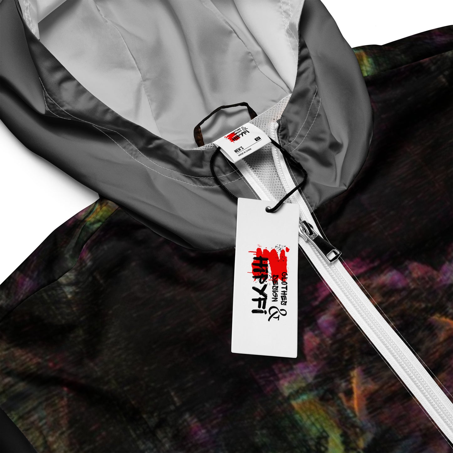 Hipyfi Chromatic Dreams Men’s Windbreaker: Bold abstract art jacket. Water-resistant, breathable streetwear for urban style. white-product-details