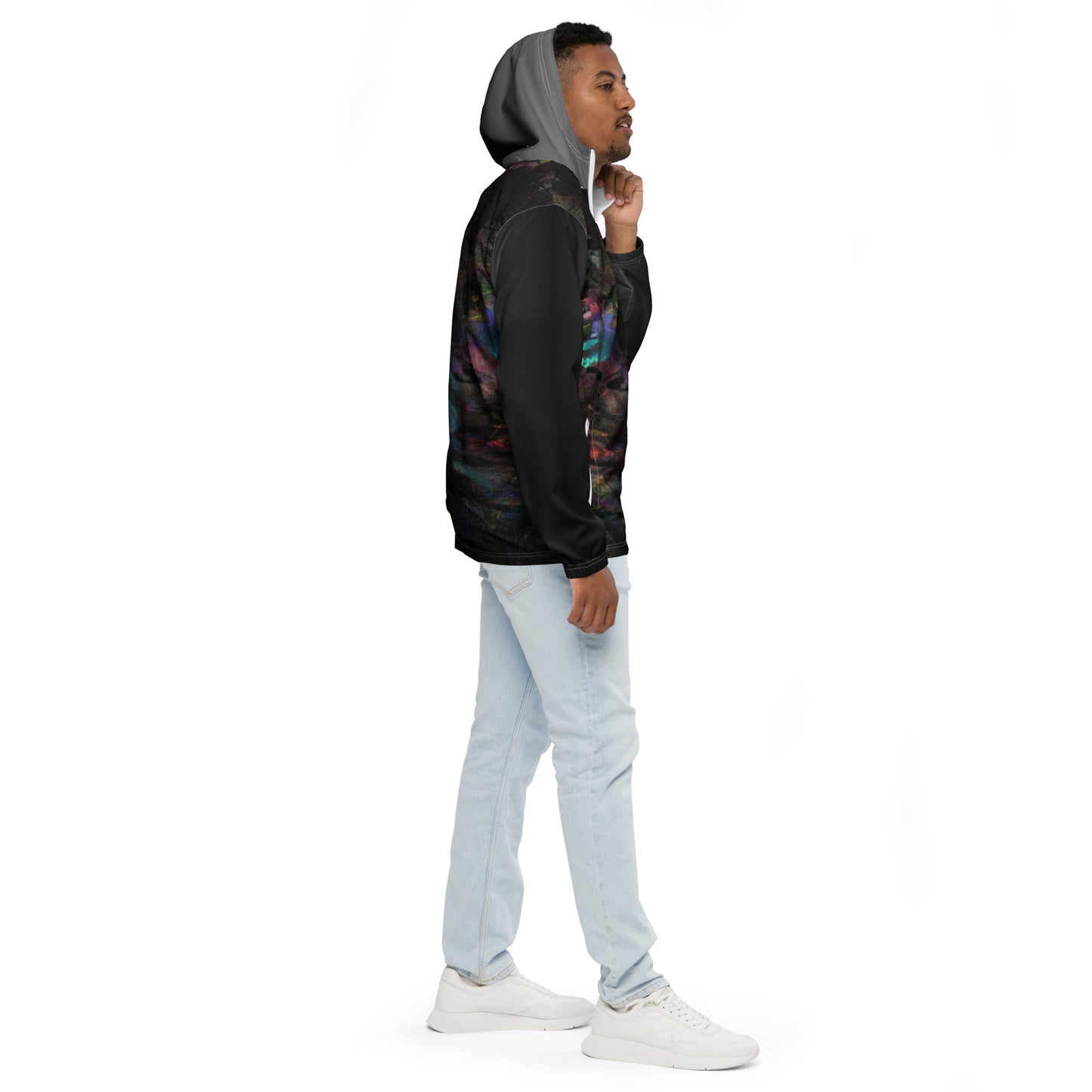 Hipyfi Chromatic Dreams Men’s Windbreaker: Bold abstract art jacket. Water-resistant, breathable streetwear for urban style. white-right