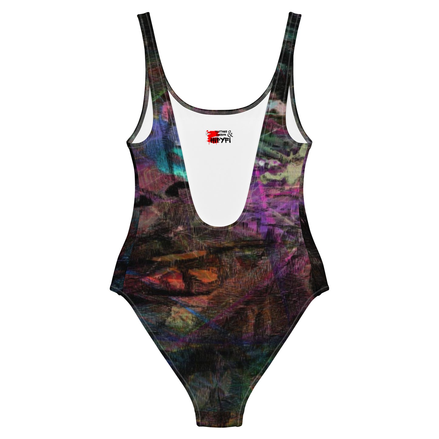 Women’s Chromatic Dreams Swimsuit by Hipyfi: Abstract art one-piece with multicolor brushstrokes, UPF 50+, and scoop neckline. back-3