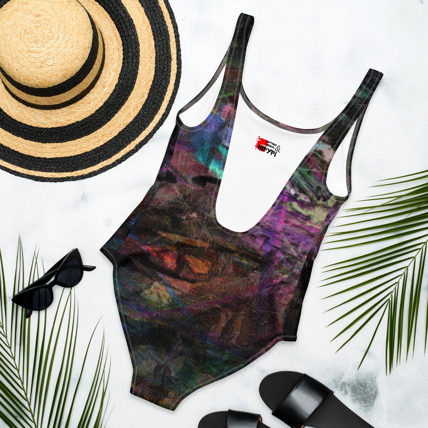 Women’s Chromatic Dreams Swimsuit by Hipyfi: Abstract art one-piece with multicolor brushstrokes, UPF 50+, and scoop neckline. back