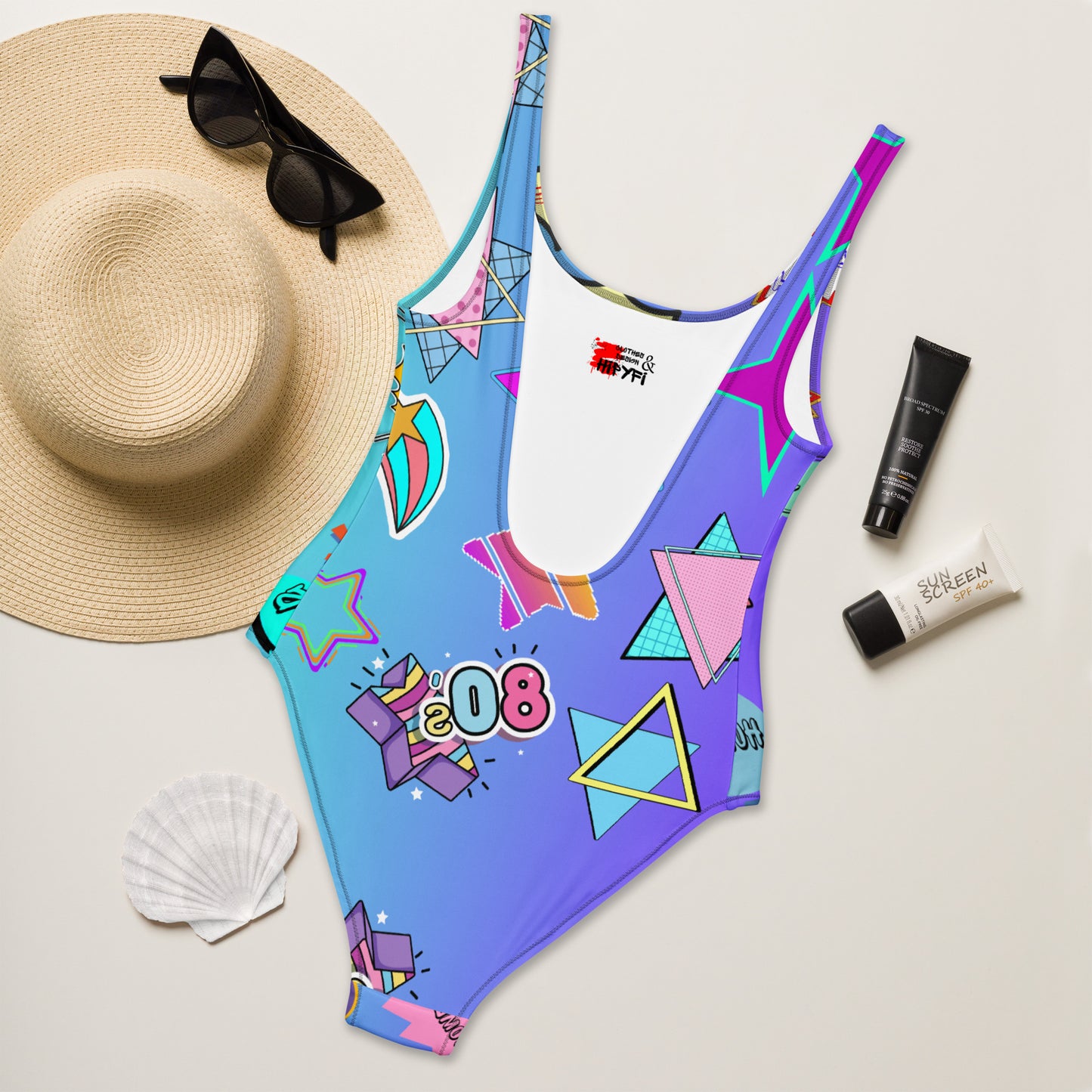 Retro comic print women's one-piece swimsuit with 80s graphic design – Neon Pop style by Hipyfi Clothes & Design. Back-2