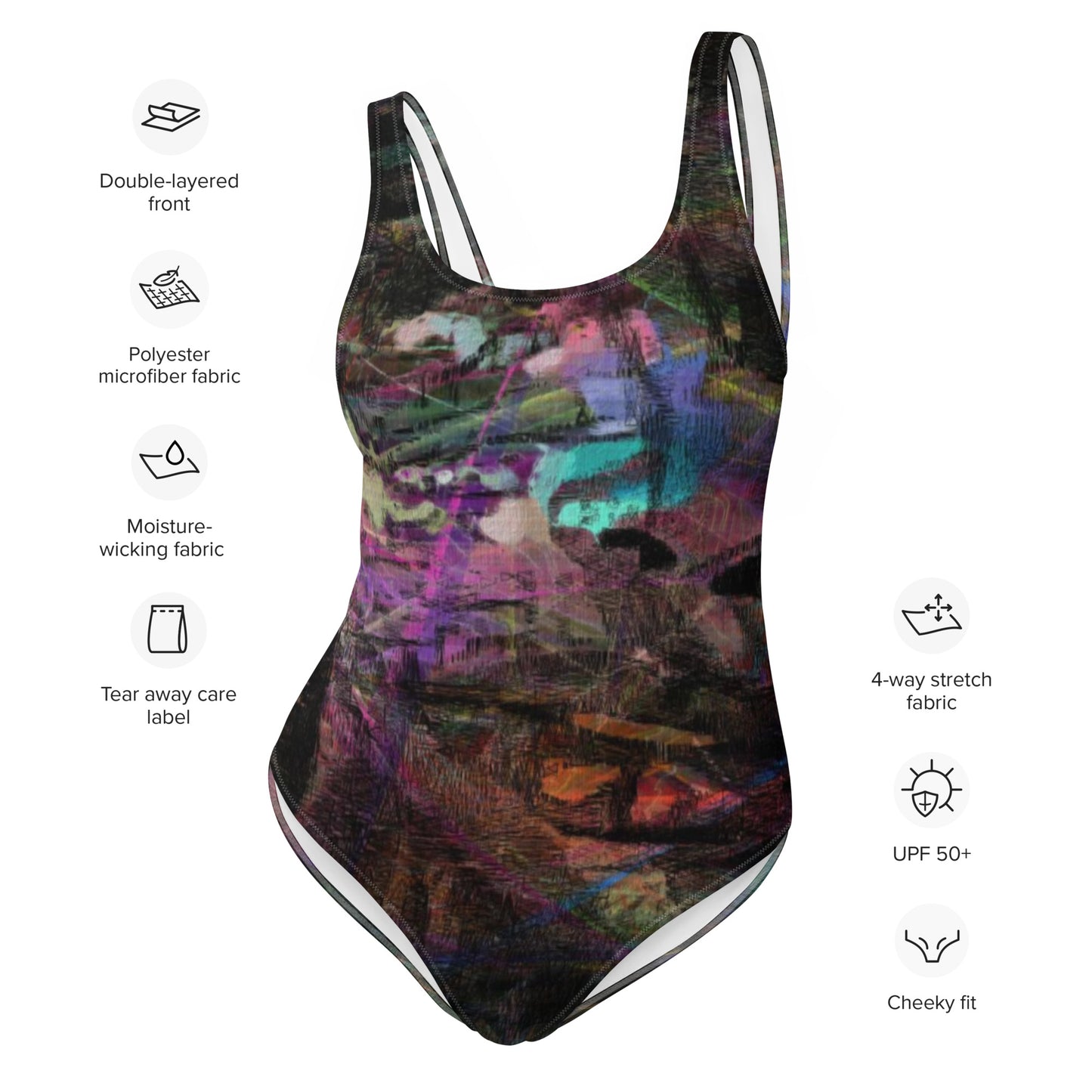 Women’s Chromatic Dreams Swimsuit by Hipyfi: Abstract art one-piece with multicolor brushstrokes, UPF 50+, and scoop neckline. product-info