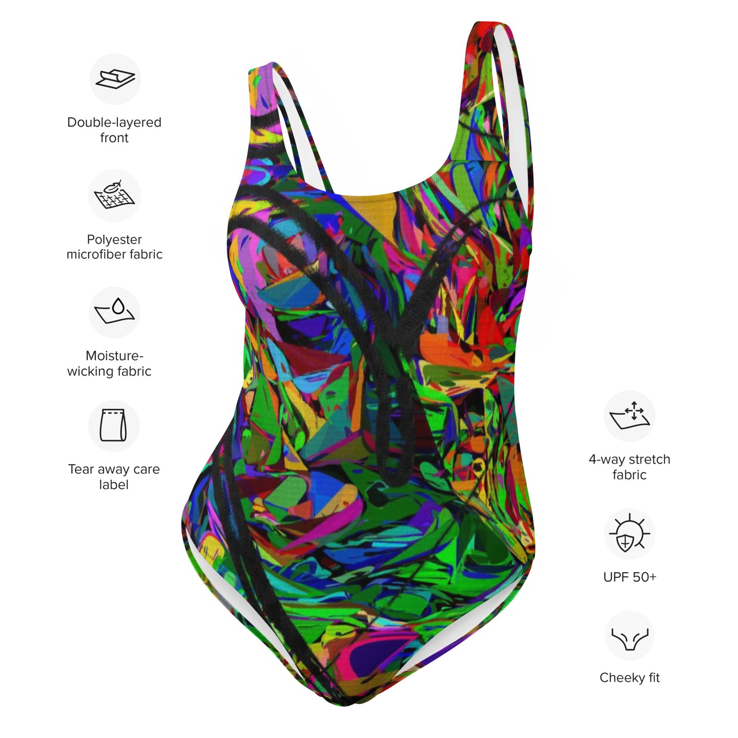 Women's abstract one-piece swimsuit with neon street art design – Neon Mythos by Hipyfi Product-info
