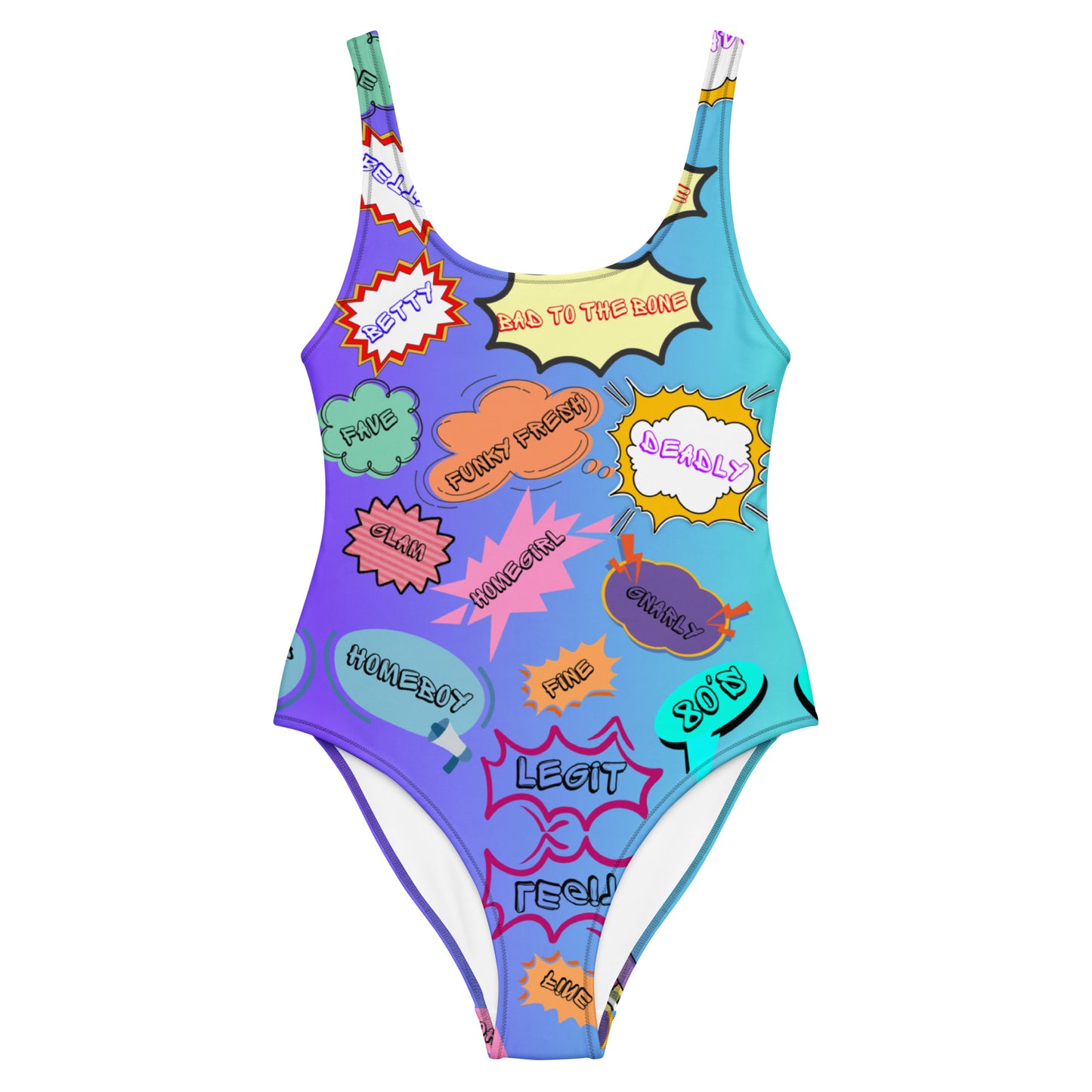 Retro comic print women's one-piece swimsuit with 80s graphic design – Neon Pop style by Hipyfi Clothes & Design. Front-3
