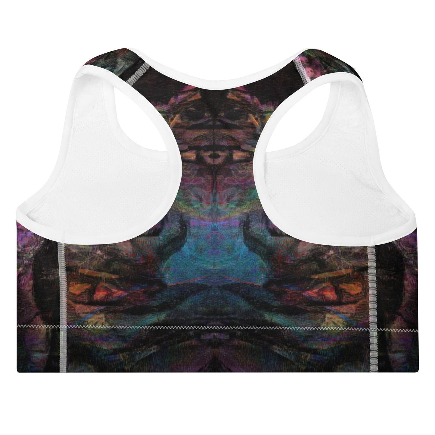 Vibrant abstract-pattern sports bra for women with bold purple, and racerback design. Hipyfi’s Chromatic Dreams high-impact bra, crafted sustainably for A–C cups. back-2