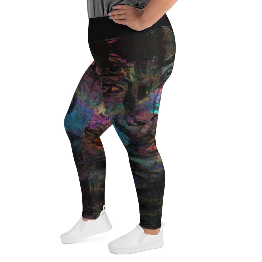 Plus-size leggings with bold abstract art. High-waist design, UPF 50+ sun protection, and four-way stretch fabric for all-day comfort and style by Hipyfi. left-3