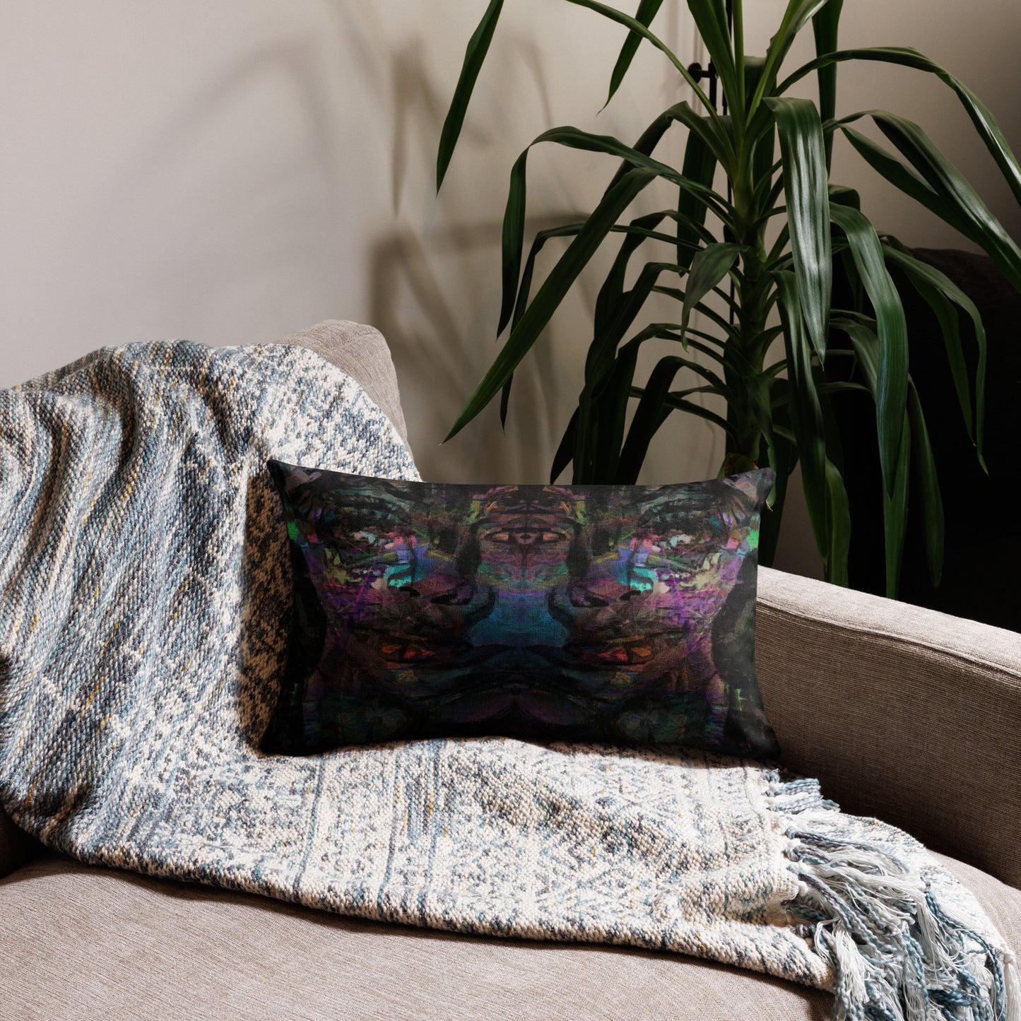 Hipyfi Chromatic Dreams Premium Pillow Case with vibrant abstract art design on linen-textured fabric – modern luxury decor for any space. 20x12-front