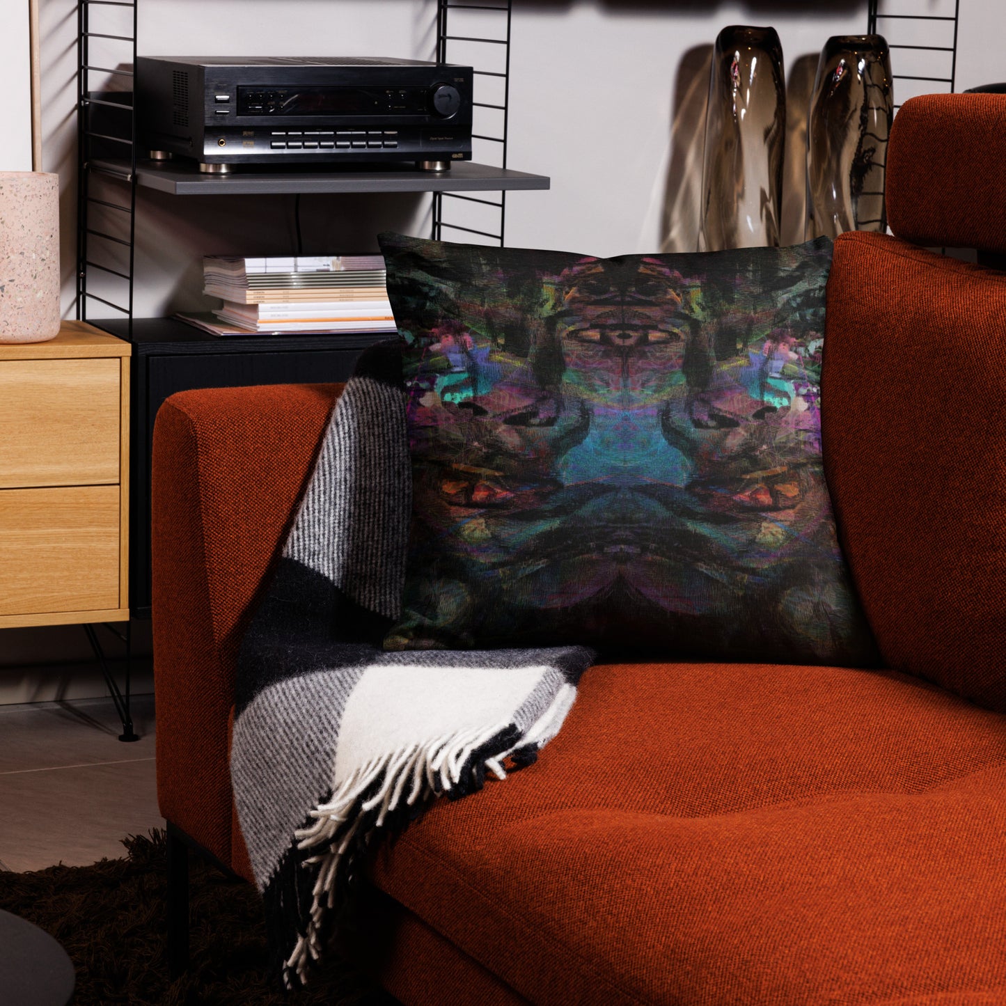 Hipyfi Chromatic Dreams Premium Pillow Case with vibrant abstract art design on linen-textured fabric – modern luxury decor for any space. 22x22-front