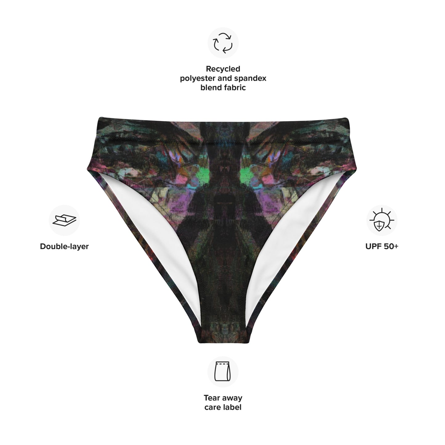 Chromatic Dreams High-Waisted Bikini Bottom by Hipyfi: Vibrant abstract on sustainable recycled swimwear. Features a flattering high-waisted fit, UPF50+, and confident beachwear. product-info-2