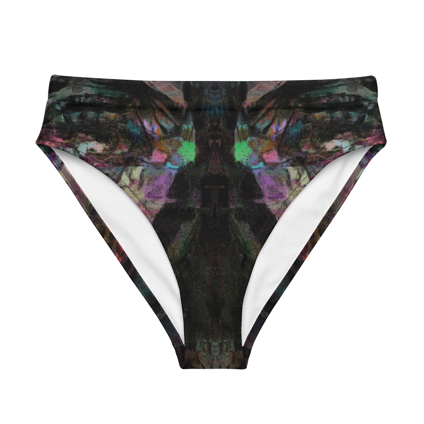 Chromatic Dreams High-Waisted Bikini Bottom by Hipyfi: Vibrant abstract on sustainable recycled swimwear. Features a flattering high-waisted fit, UPF50+, and confident beachwear. front-2