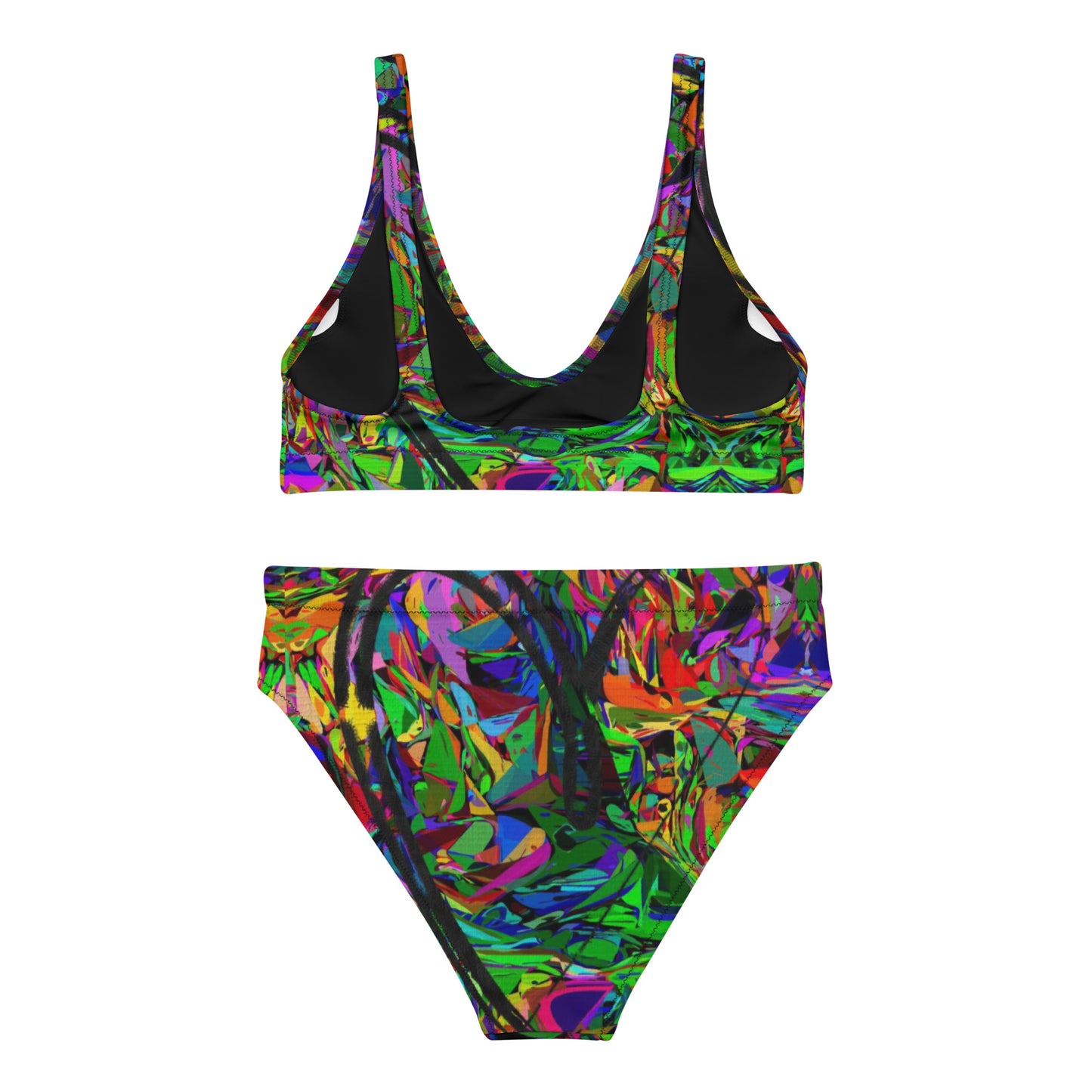 Recycled high-waisted bikini with abstract neon print – Neon Mythos by Hipyfi Clothes & Design Back-3
