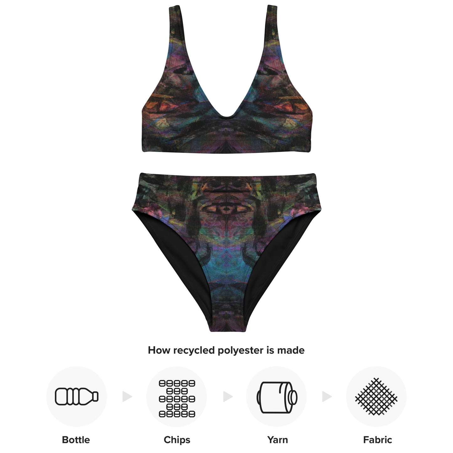 Hipyfi Chromatic Dreams Recycled High-Waisted Bikini: Vibrant abstract art print with multicolor brushstrokes on eco-friendly swimwear. Sustainable recycled materials. product-info
