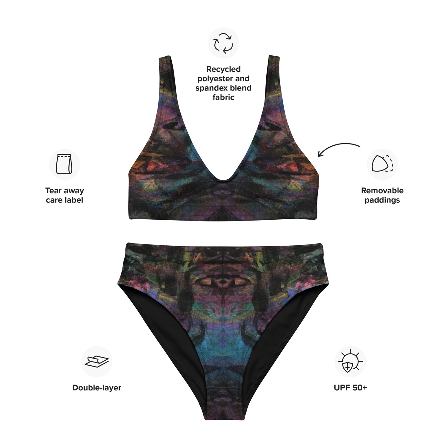 Hipyfi Chromatic Dreams Recycled High-Waisted Bikini: Vibrant abstract art print with multicolor brushstrokes on eco-friendly swimwear. Sustainable recycled materials. product-info-2