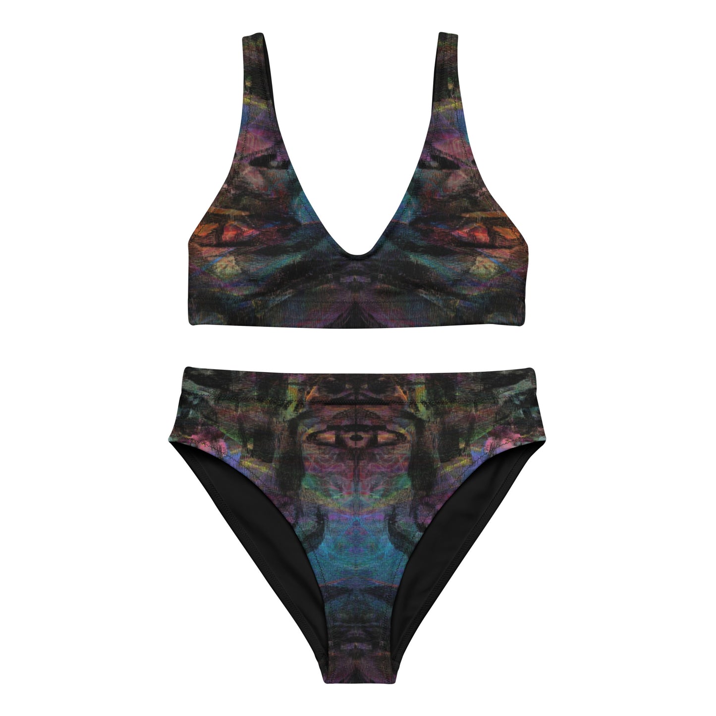 Hipyfi Chromatic Dreams Recycled High-Waisted Bikini: Vibrant abstract art print with multicolor brushstrokes on eco-friendly swimwear. Sustainable recycled materials. front-2