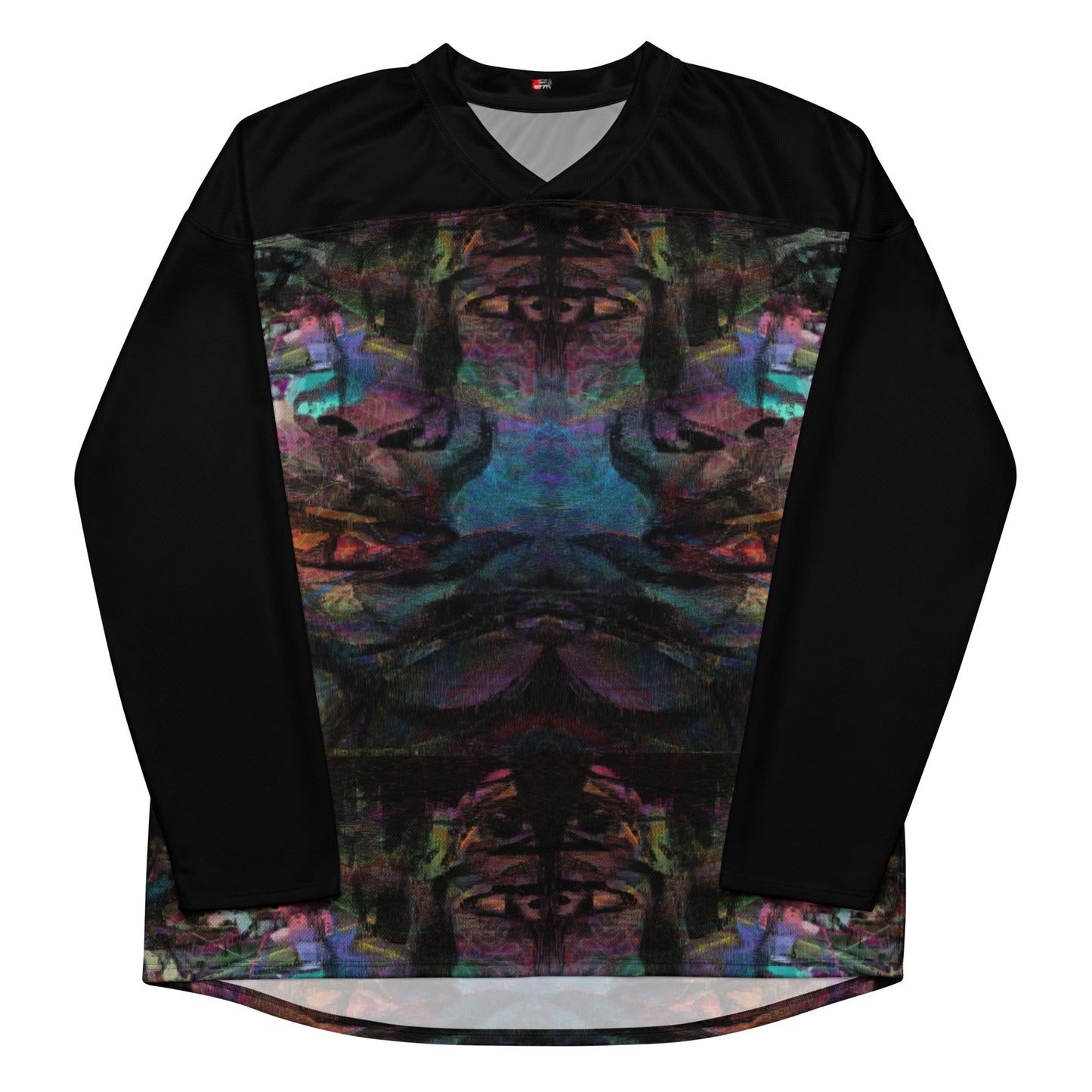 Unisex Chromatic Dreams Eco-Friendly Hockey Jersey with vibrant abstract art print, made from recycled polyester by Hipyfi Clothes & Design. Front-5