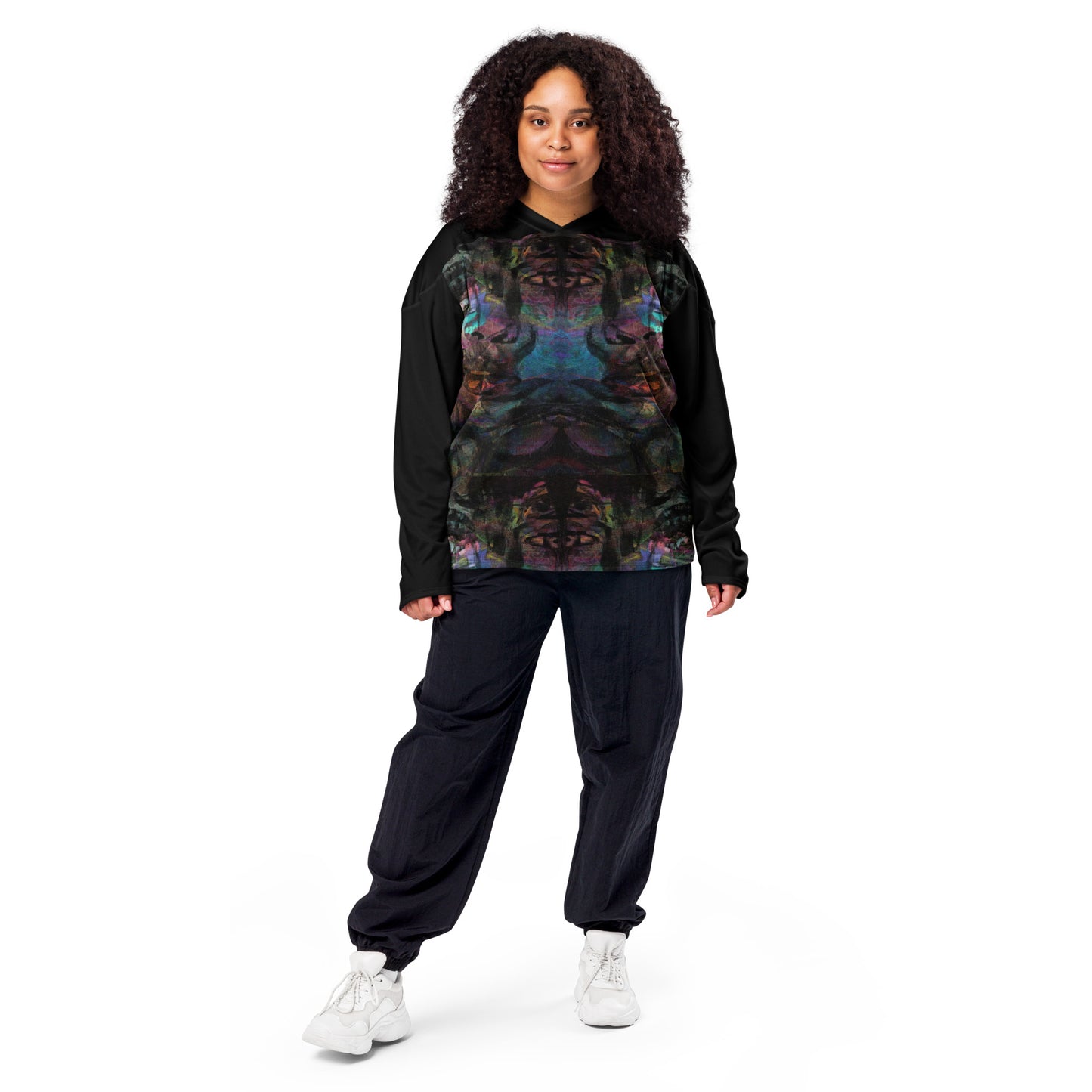 Unisex Chromatic Dreams Eco-Friendly Hockey Jersey with vibrant abstract art print, made from recycled polyester by Hipyfi Clothes & Design. Front-4