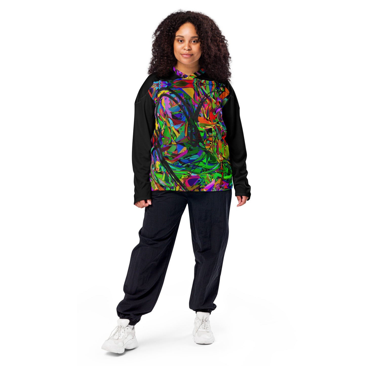 Neon Mythos Unisex Hockey Jersey with abstract vibrant digital print by Hipyfi – eco-friendly streetwear for fans Front -3