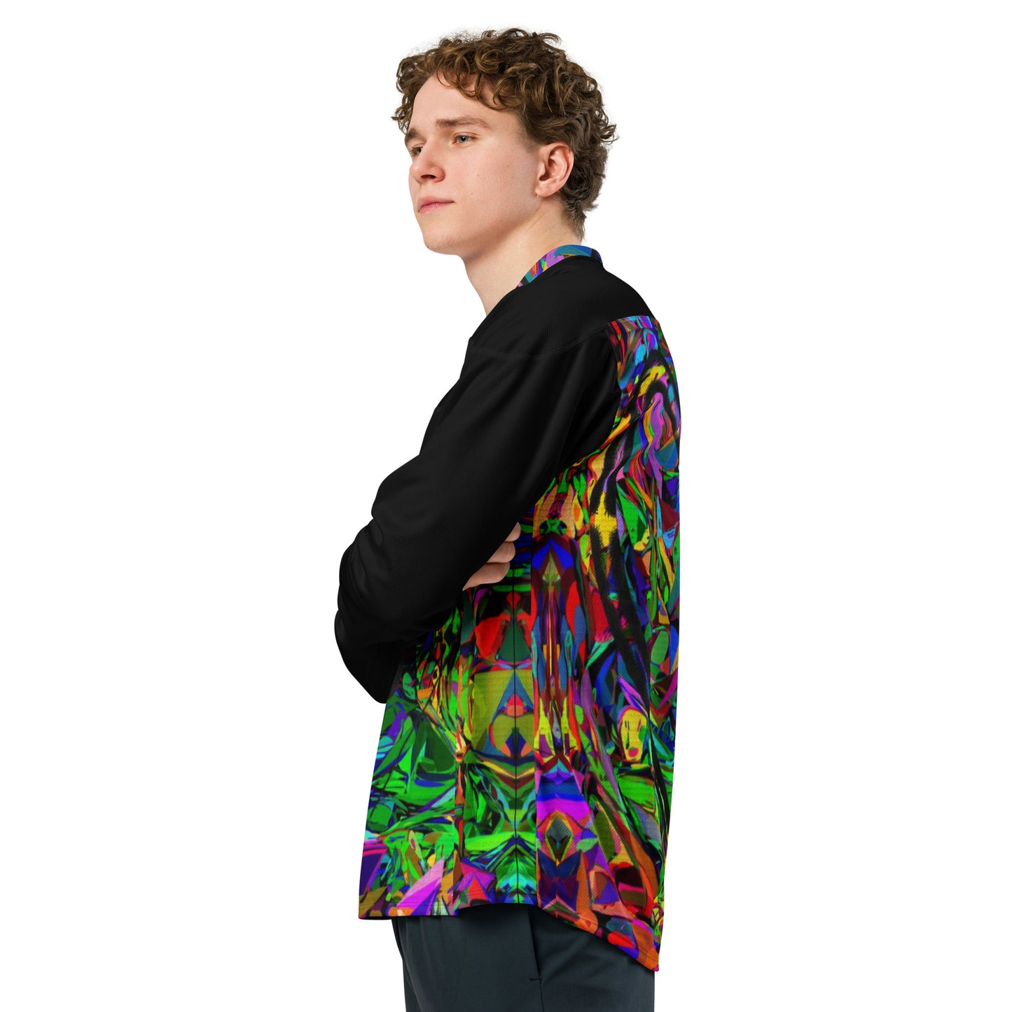 Neon Mythos Unisex Hockey Jersey with abstract vibrant digital print by Hipyfi – eco-friendly streetwear for fans Left