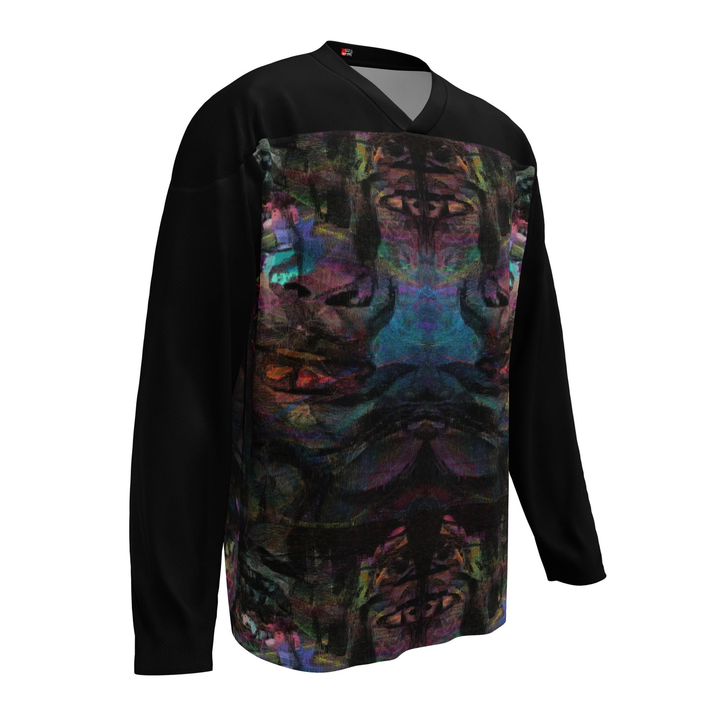 Unisex Chromatic Dreams Eco-Friendly Hockey Jersey with vibrant abstract art print, made from recycled polyester by Hipyfi Clothes & Design. Right-front