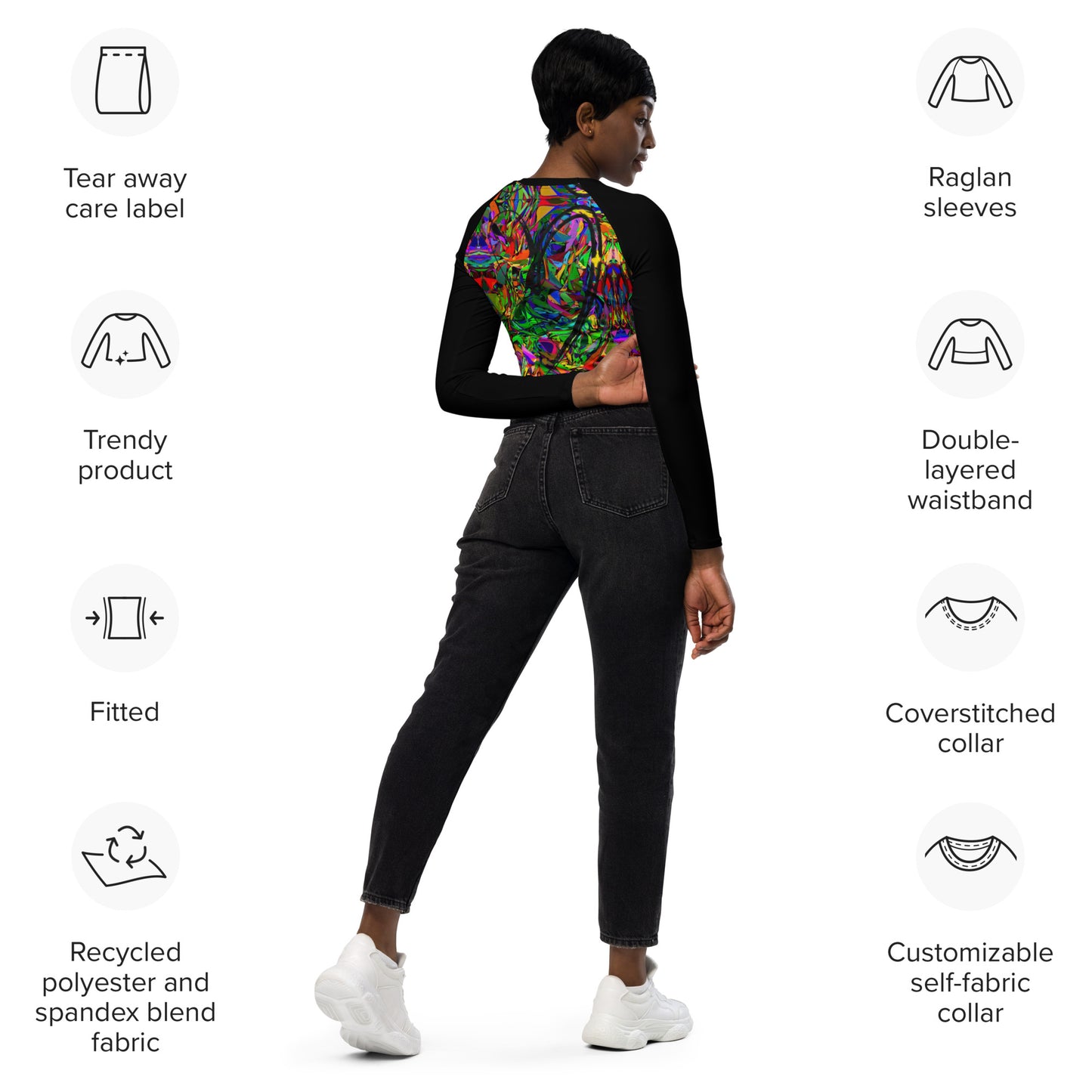 Women’s recycled long sleeve crop top with neon abstract art print – sustainable streetwear by Hipyfi Product-info