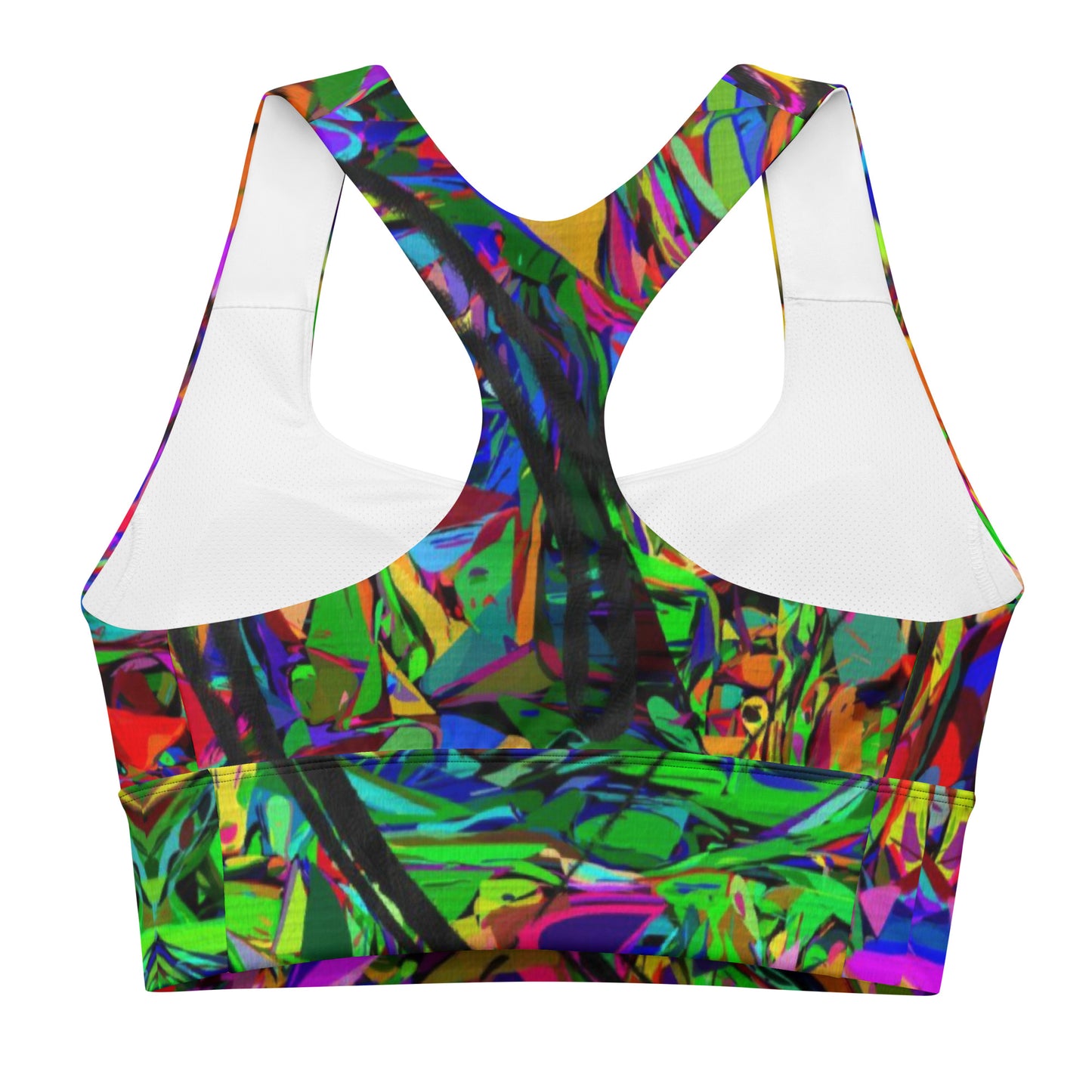 Neon Mythos recycled longline sports bra for women – vibrant abstract print, eco-friendly activewear by Hipyfi Back-2