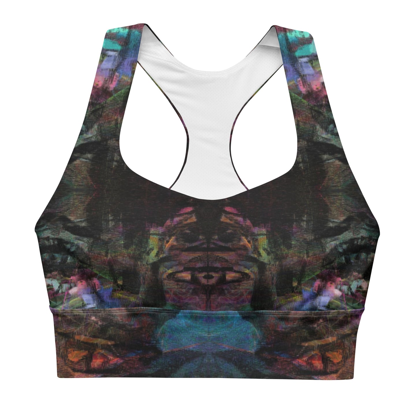 Wire-free high-impact sports bra for running: UPF 50+ seamless recycled fabric, plus-size inclusive longline design by Hipyfi. front