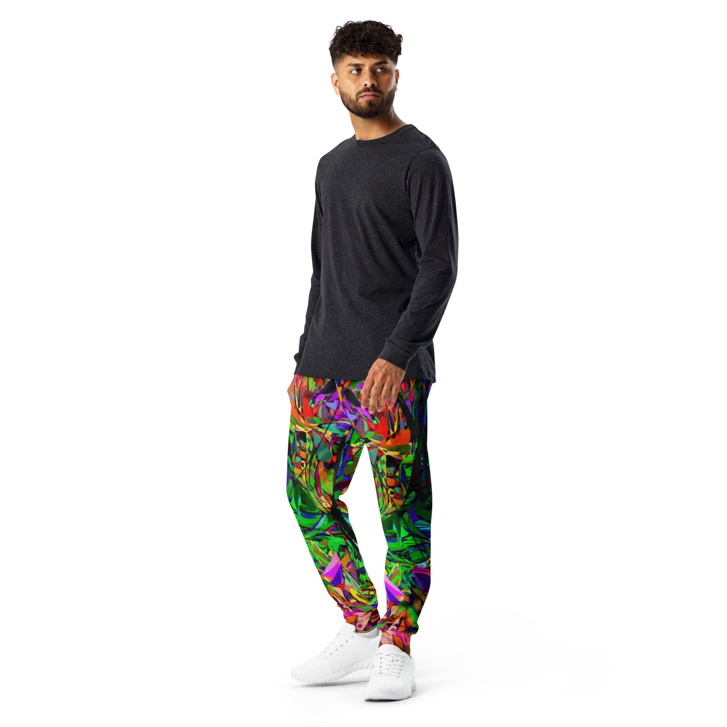 Neon Mythos Abstract Joggers for Men – Colorful, eco-friendly recycled streetwear with slim fit and vibrant graphic design by Hipyfi Clothes & Design. Left-2