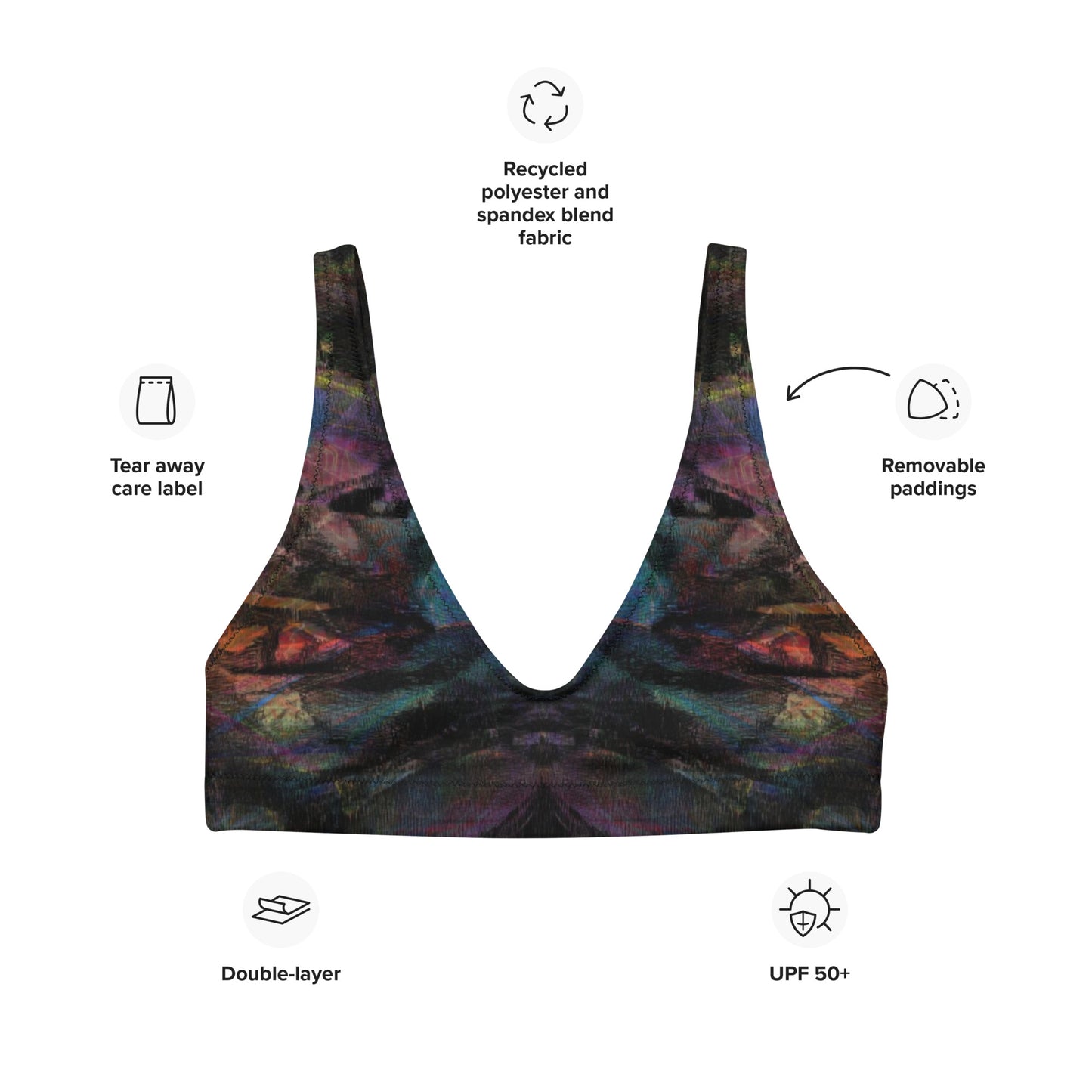 Hipyfi Chromatic Dreams Padded Bikini Top: Vibrant abstract-print recycled swim top for women. Eco-friendly and sustainable beachwear with artistic flair. product-info