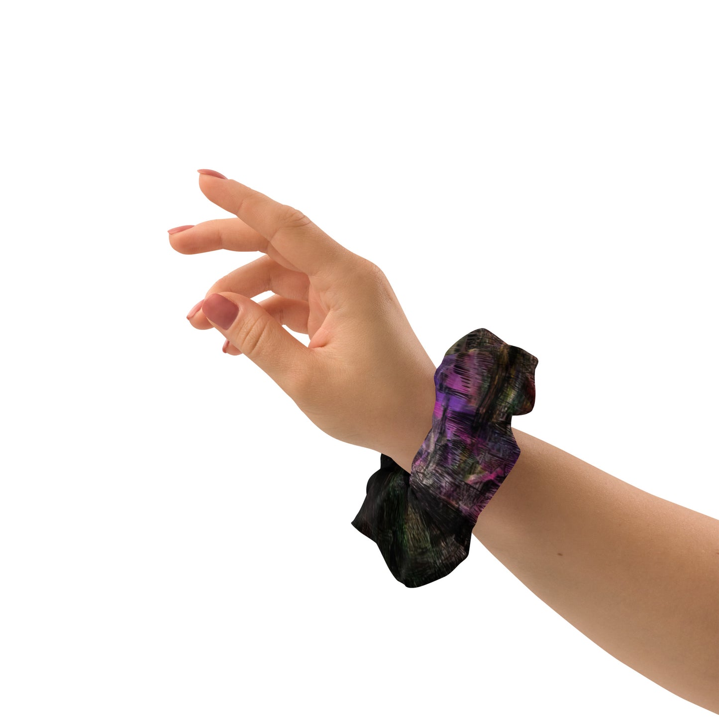 Hipyfi Chromatic Dreams Scrunchies – Bold recycled unisex hair tie with vibrant abstract design. left