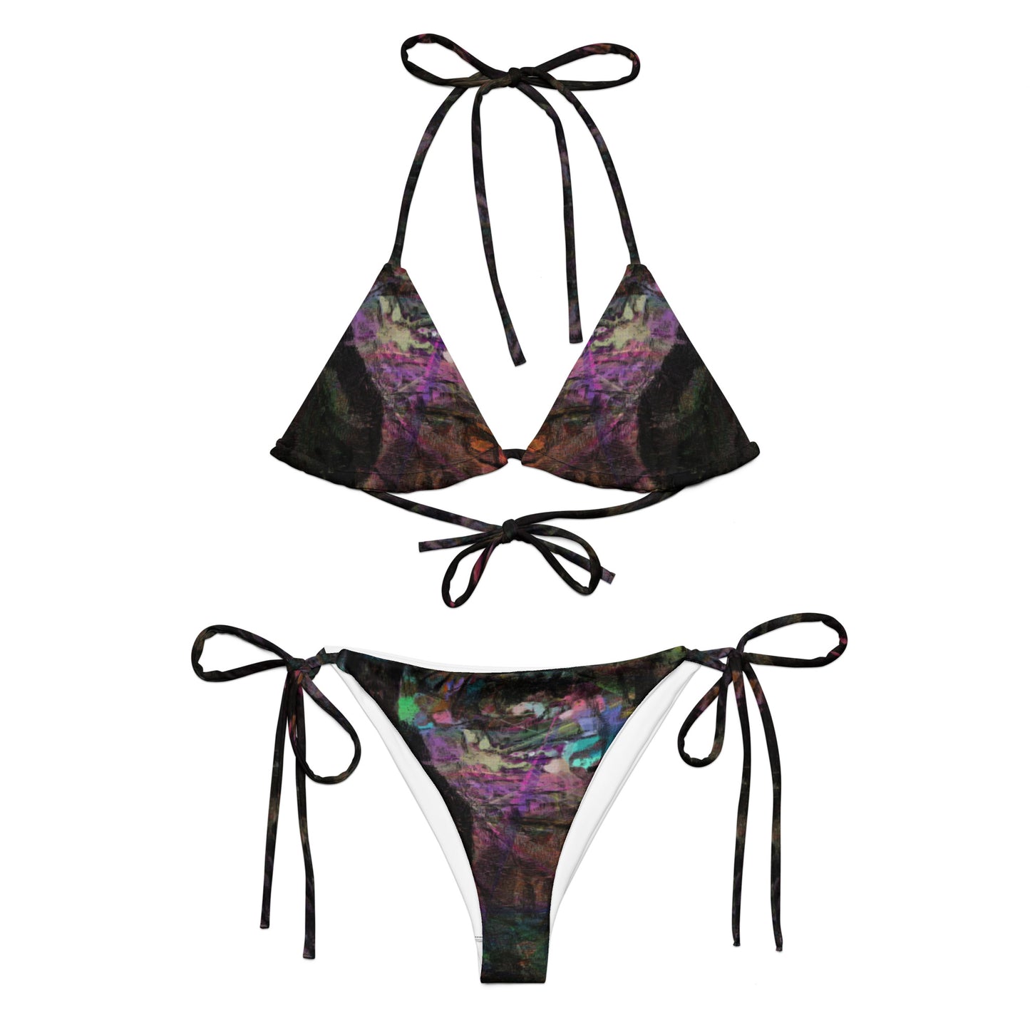Vibrant abstract recycled bikini, UPF 50+, and eco-friendly materials. Hipyfi Chromatic Dreams sustainable swimwear for women. front-2
