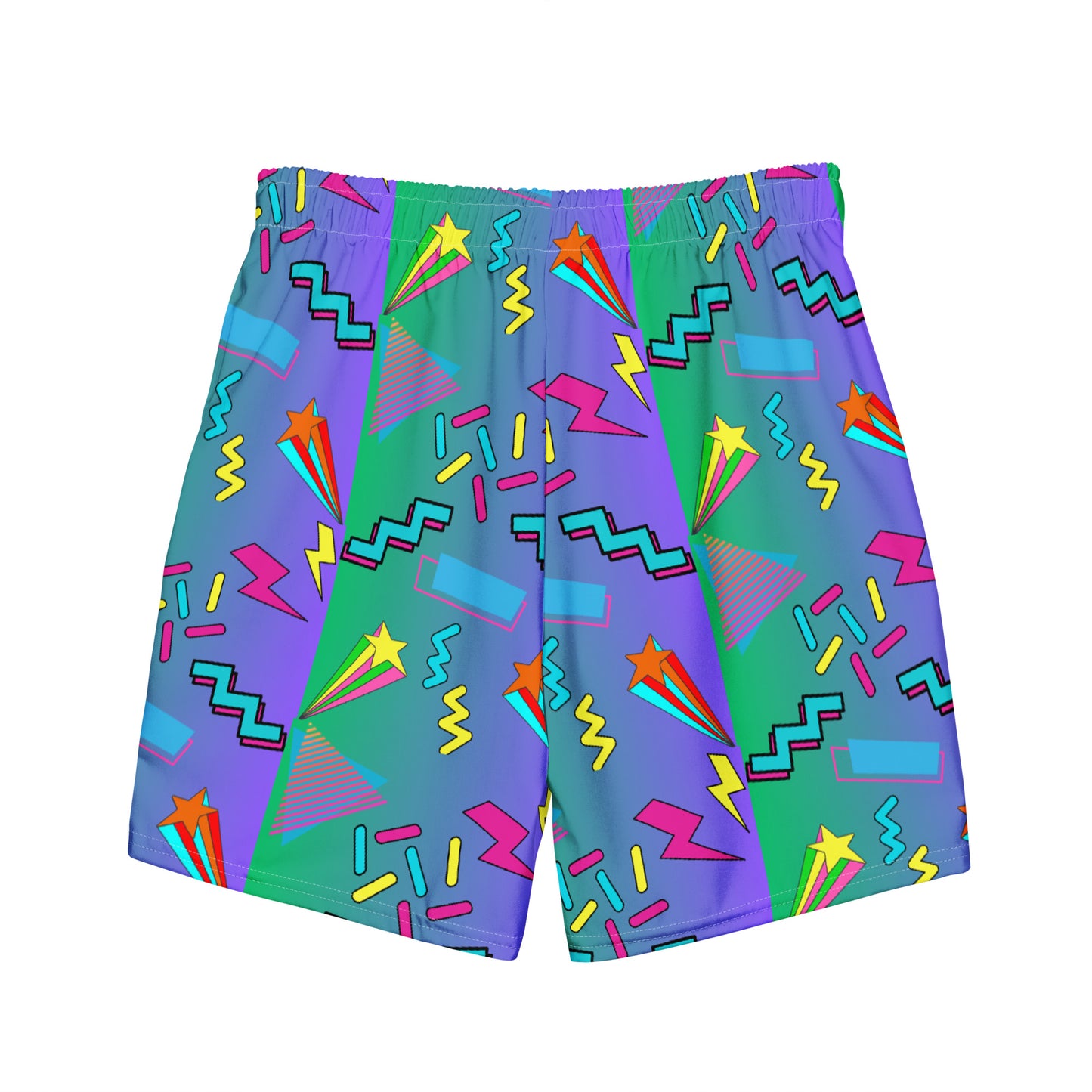 Hipyfi eco-friendly recycled swim trunks with 80s Memphis design, retro neon pattern, and sustainable fabric Back-2