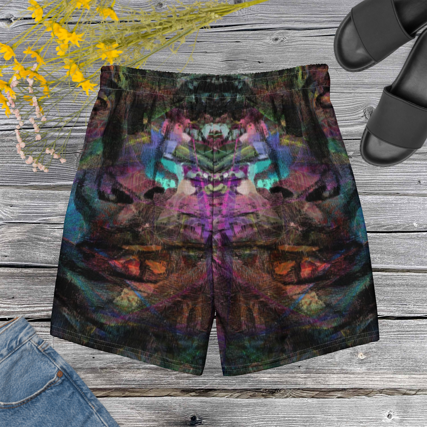 Men’s eco-friendly recycled swim trunks with bold abstract art design. Quick-dry fabric with UPF 50+ protection by Hipyfi. Back-4