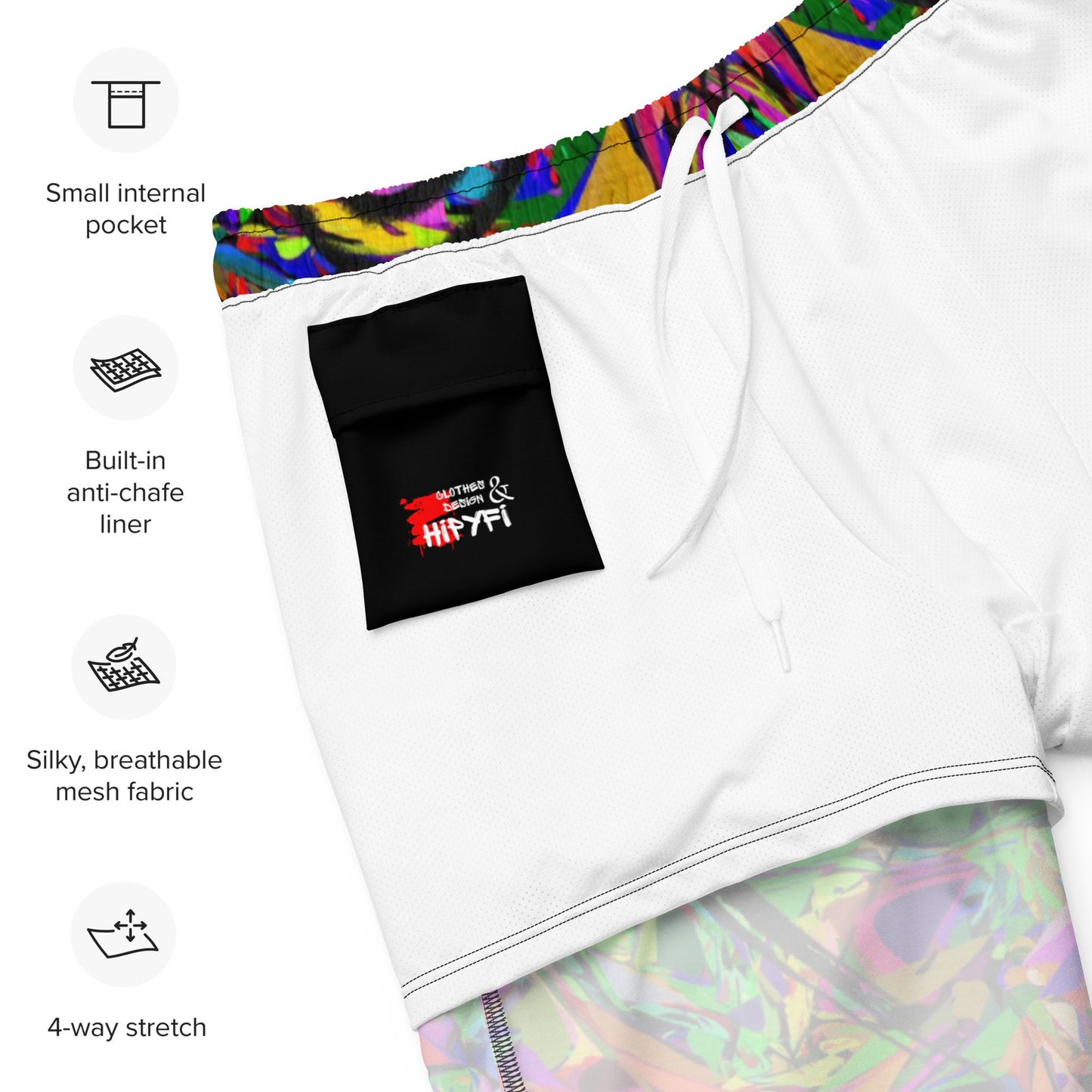 Men’s abstract neon print recycled swim trunks – vibrant eco-friendly swimwear by Hipyfi Clothes & Design product-info