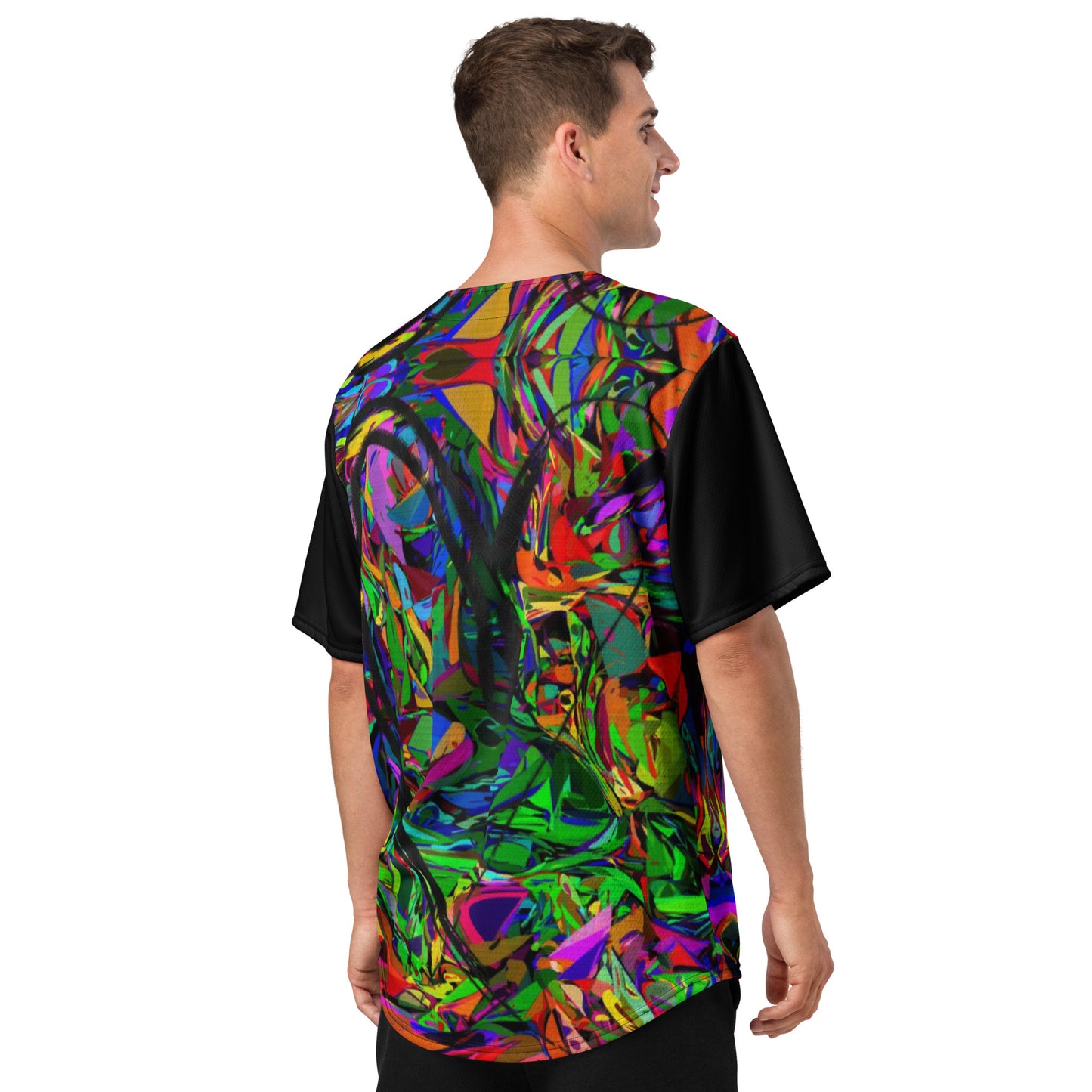 Neon Mythos Unisex Baseball Jersey – Abstract street art design, vibrant graphic print, eco-friendly recycled polyester, modern unisex fit by Hipyfi Clothes & Design. Back-3