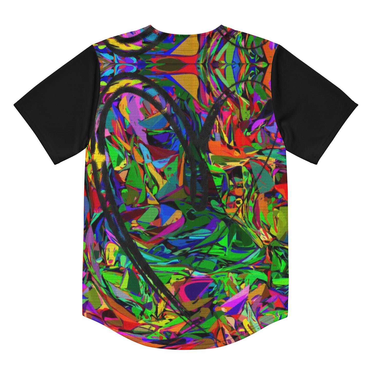 Neon Mythos Unisex Baseball Jersey – Abstract street art design, vibrant graphic print, eco-friendly recycled polyester, modern unisex fit by Hipyfi Clothes & Design. Back-6