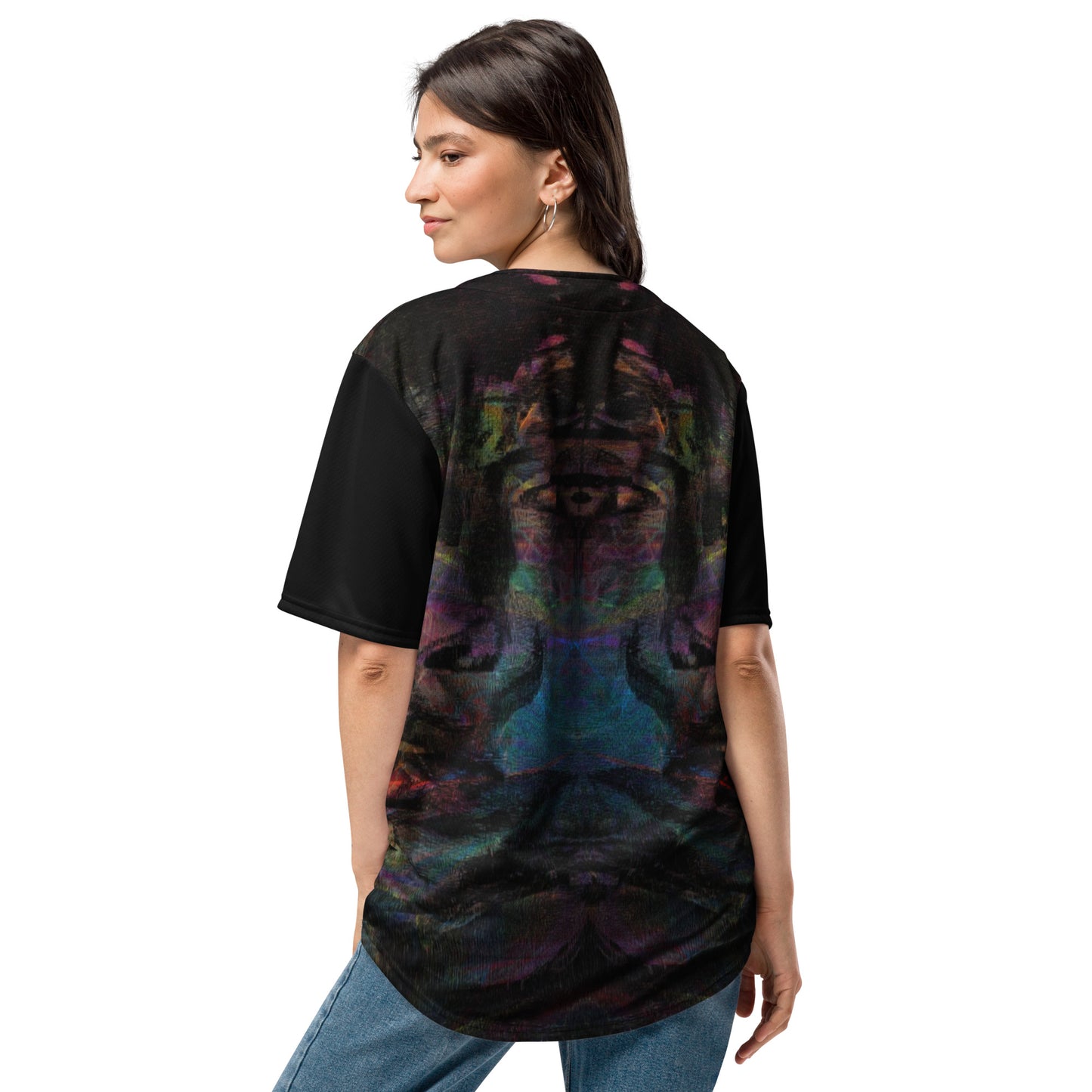 Colorful abstract design on Chromatic Dreams recycled unisex baseball jersey, comfort and UPF 50+ sun protection. By Hipyfi. Back-2