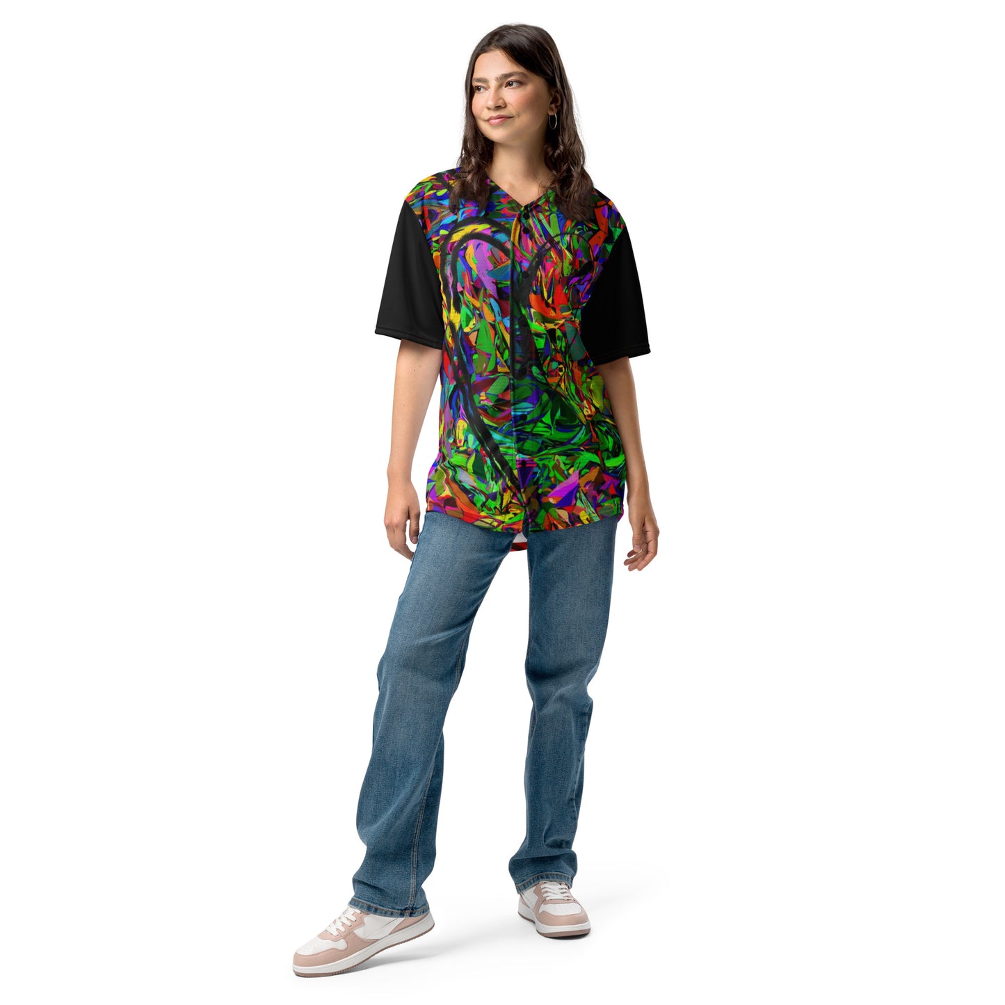Neon Mythos Unisex Baseball Jersey – Abstract street art design, vibrant graphic print, eco-friendly recycled polyester, modern unisex fit by Hipyfi Clothes & Design. Front-2