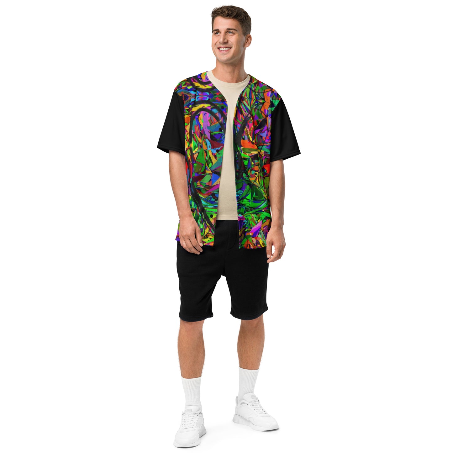 Neon Mythos Unisex Baseball Jersey – Abstract street art design, vibrant graphic print, eco-friendly recycled polyester, modern unisex fit by Hipyfi Clothes & Design. Front-3