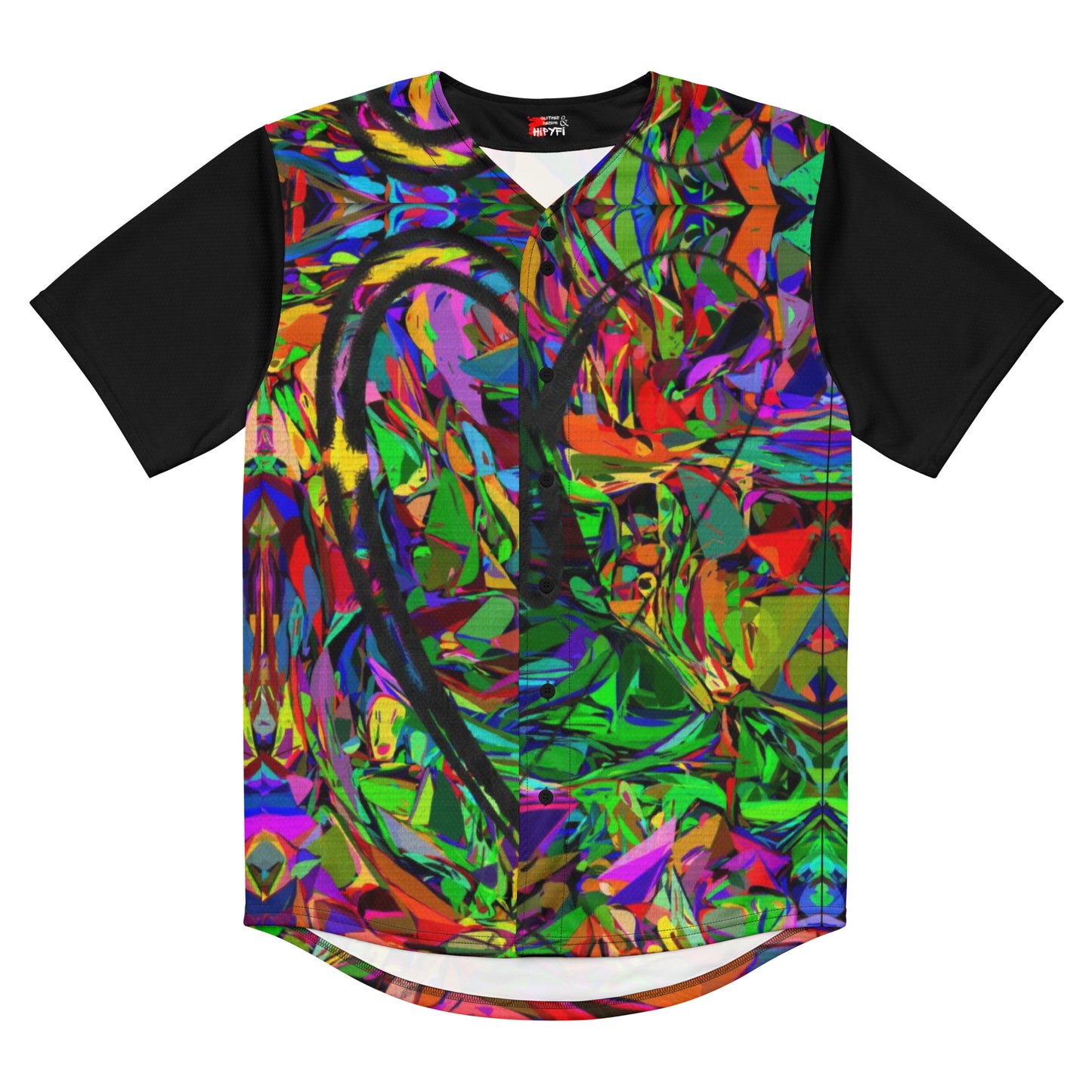 Neon Mythos Unisex Baseball Jersey – Abstract street art design, vibrant graphic print, eco-friendly recycled polyester, modern unisex fit by Hipyfi Clothes & Design. Front-6