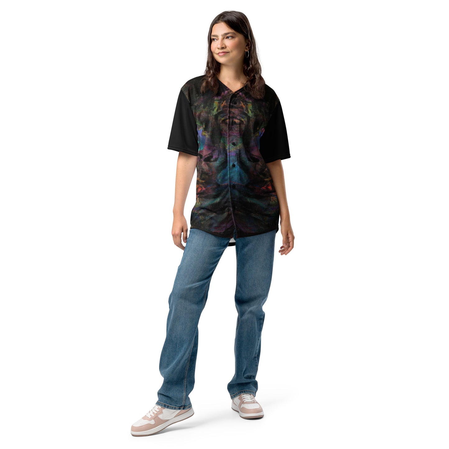 Colorful abstract design on Chromatic Dreams recycled unisex baseball jersey, comfort and UPF 50+ sun protection. By Hipyfi. Front-2