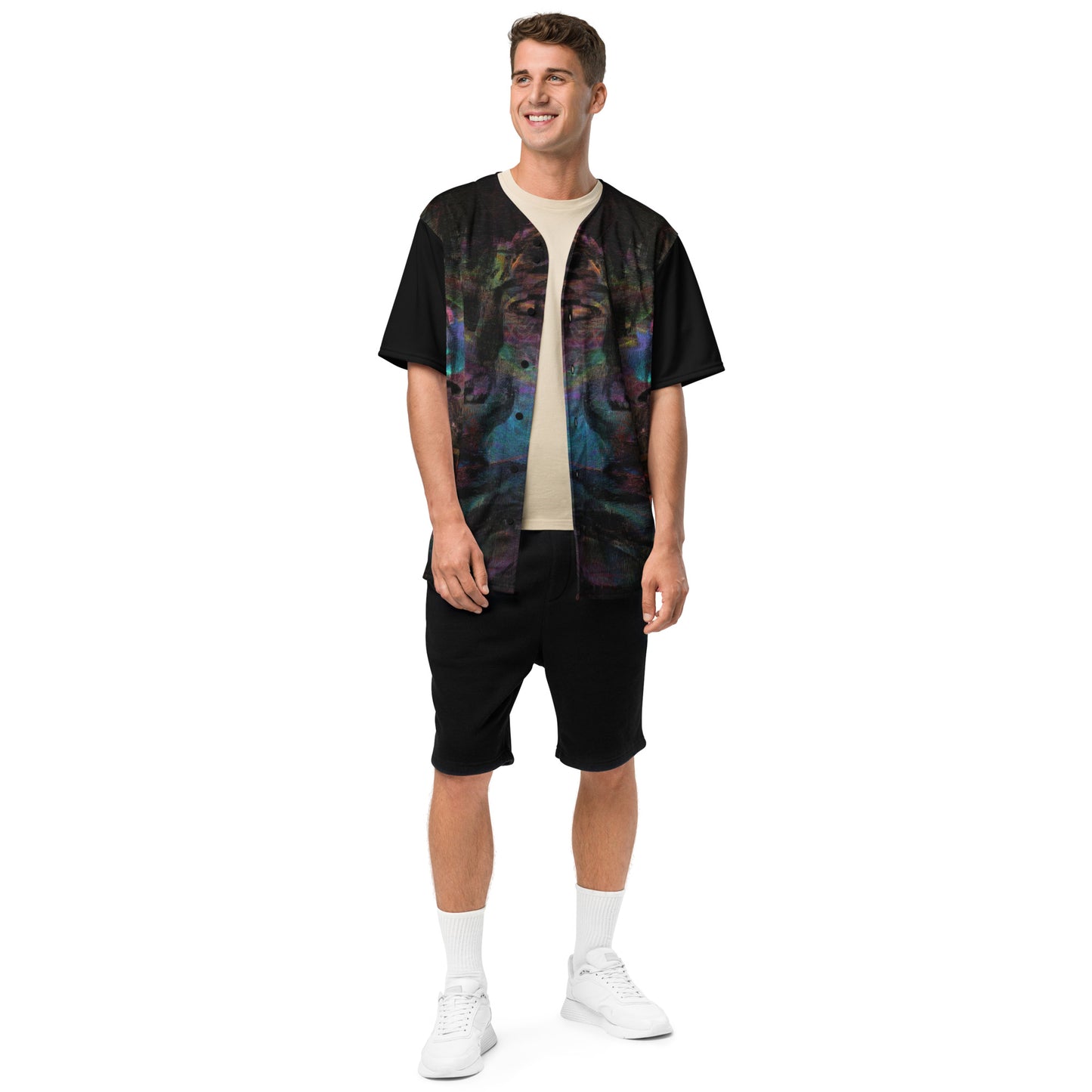 Colorful abstract design on Chromatic Dreams recycled unisex baseball jersey, comfort and UPF 50+ sun protection. By Hipyfi. Front-3