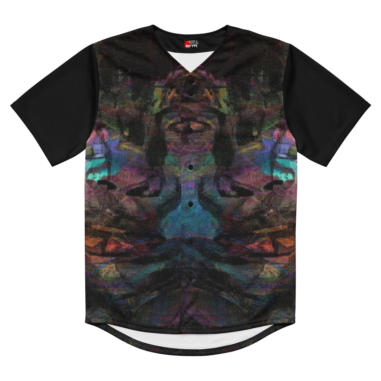 Colorful abstract design on Chromatic Dreams recycled unisex baseball jersey, comfort and UPF 50+ sun protection. By Hipyfi. Front-7