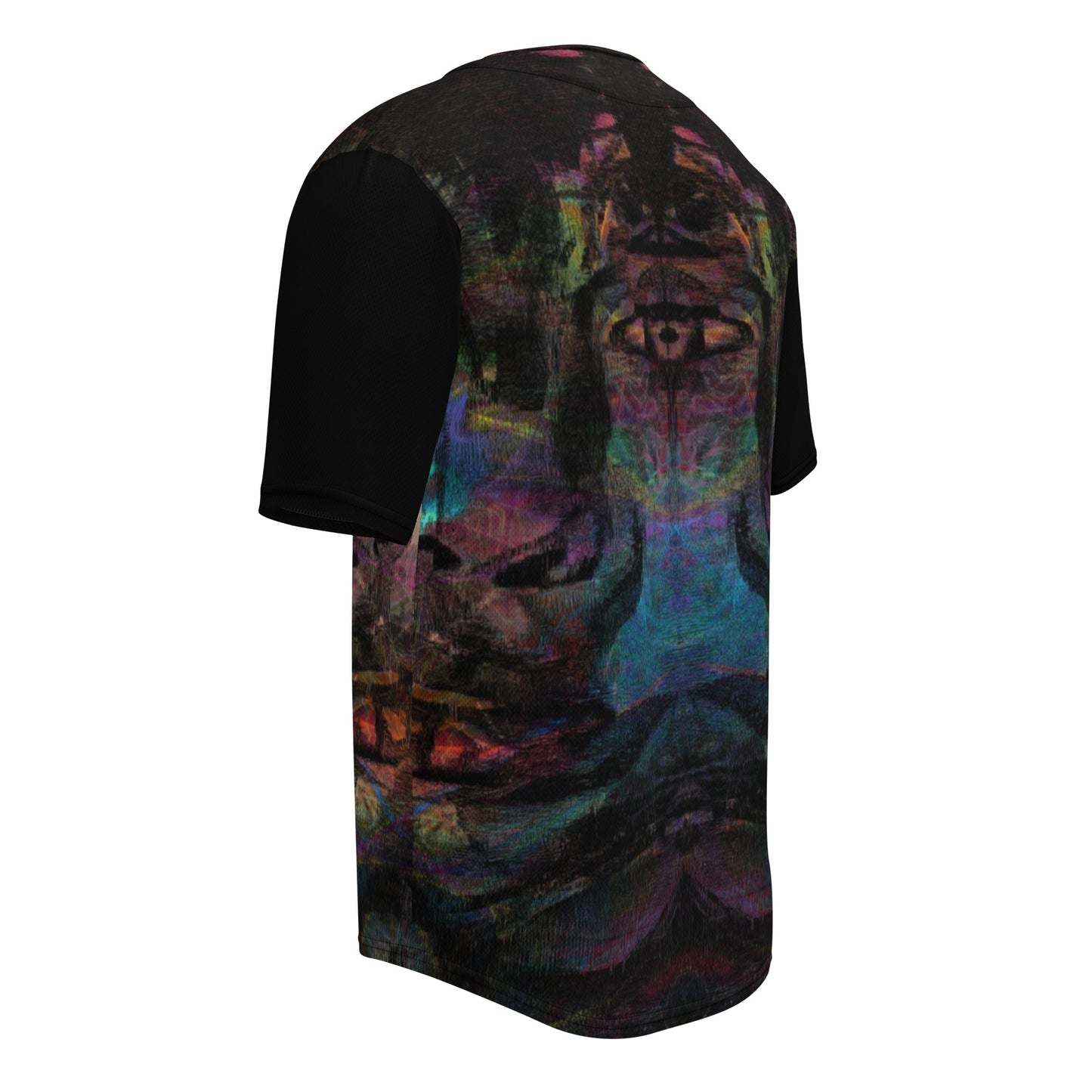 Colorful abstract design on Chromatic Dreams recycled unisex baseball jersey, comfort and UPF 50+ sun protection. By Hipyfi. Back-4