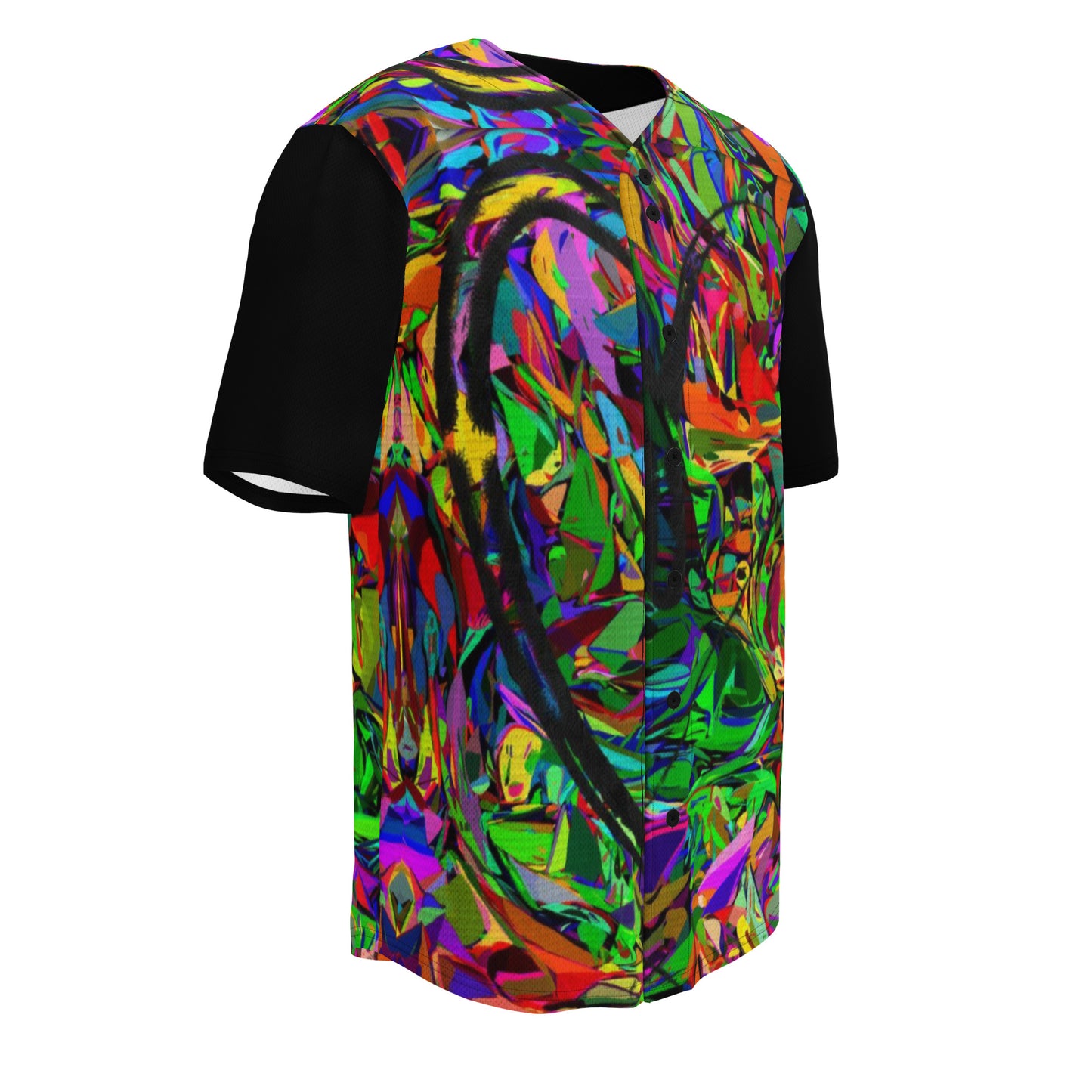 Neon Mythos Unisex Baseball Jersey – Abstract street art design, vibrant graphic print, eco-friendly recycled polyester, modern unisex fit by Hipyfi Clothes & Design. Right-Front-4